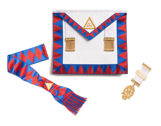 Masonic apron with red and blue border, two gold jewels, a brest jewel and a red and blue sash on a white background.