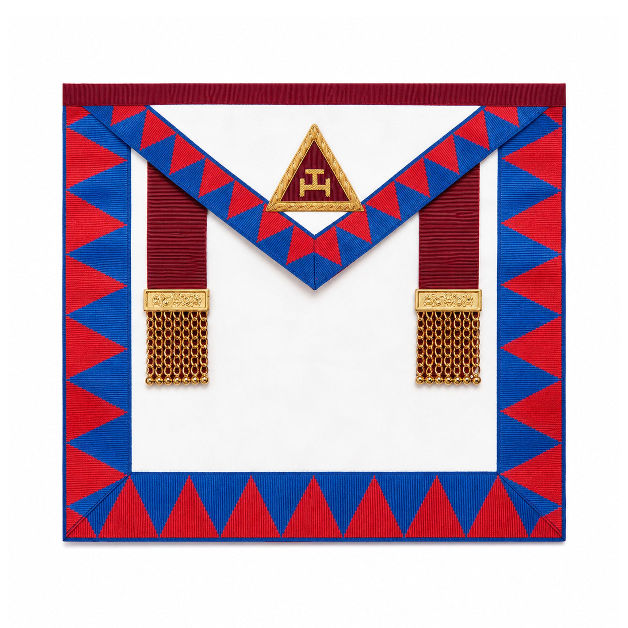 UGLE-approved Masonic Royal Arch Principal apron featuring a white and red front with a gold emblem, red and blue geometric patterns on the sides
