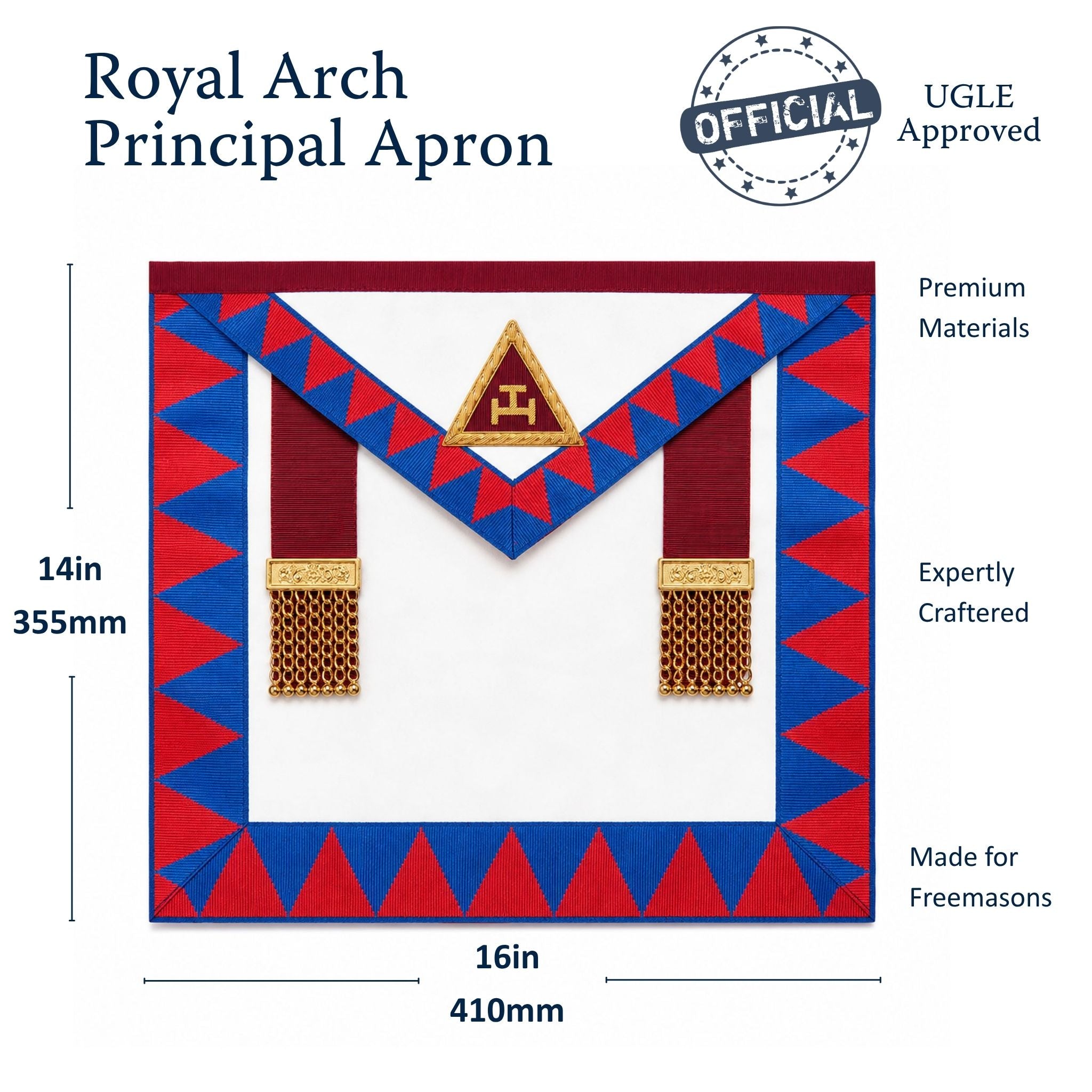 UGLE-approved Masonic Royal Arch Principal apron featuring a white and red front with a gold emblem, red and blue geometric patterns on the sides. Size dimension