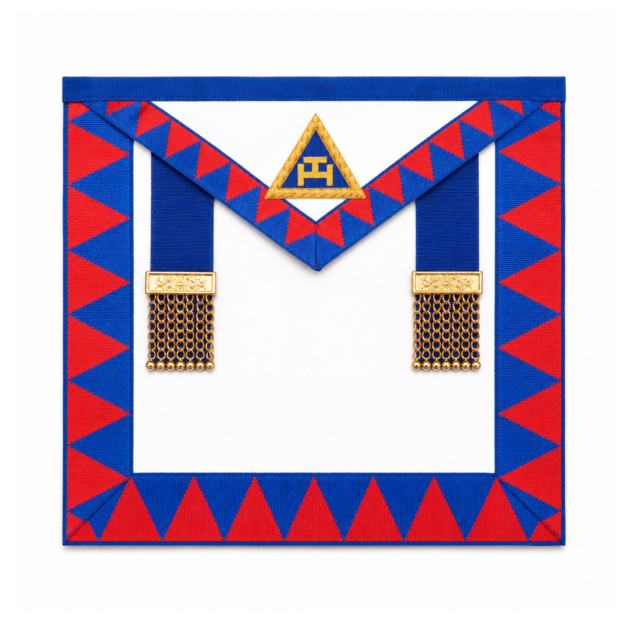UGLE-approved Masonic Royal Arch Provincial apron featuring a white and blue front with a gold emblem, red and blue geometric patterns on the sides.
