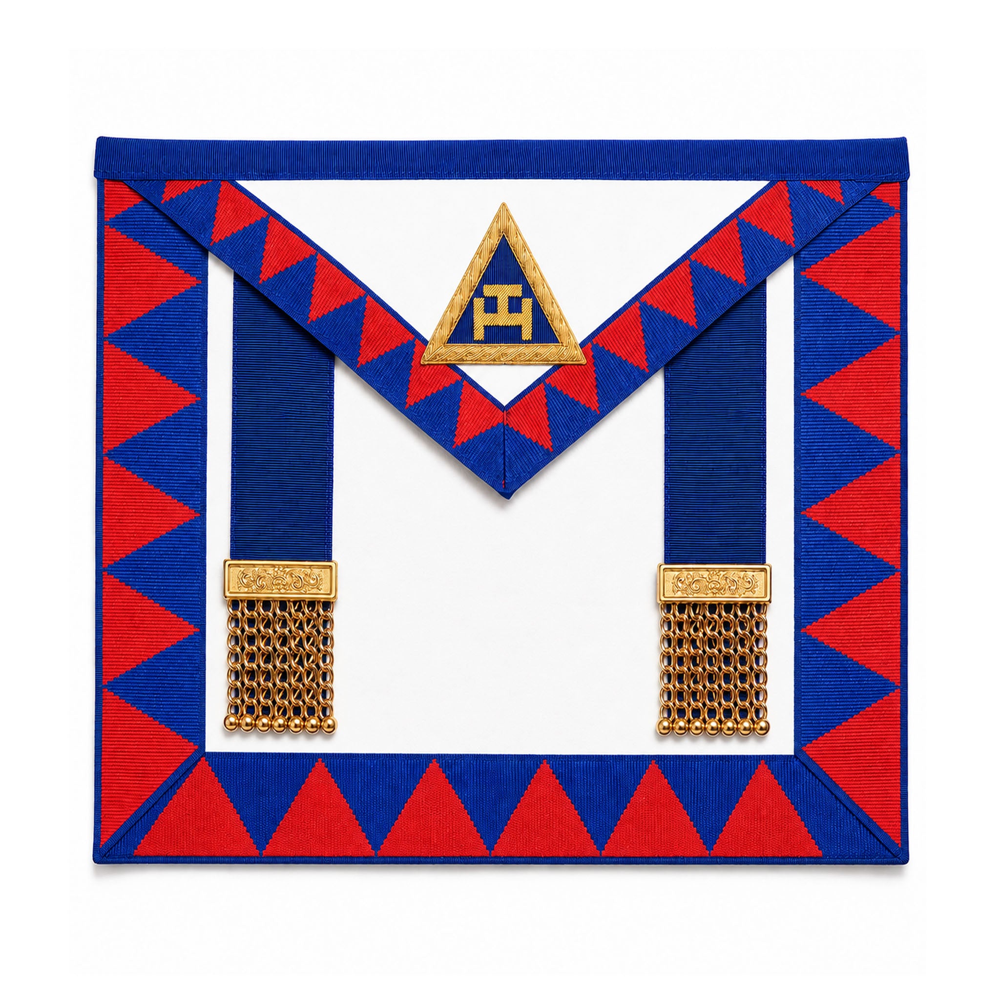UGLE-approved Masonic Royal Arch Provincial apron featuring a white and blue front with a gold emblem, red and blue geometric patterns on the sides.