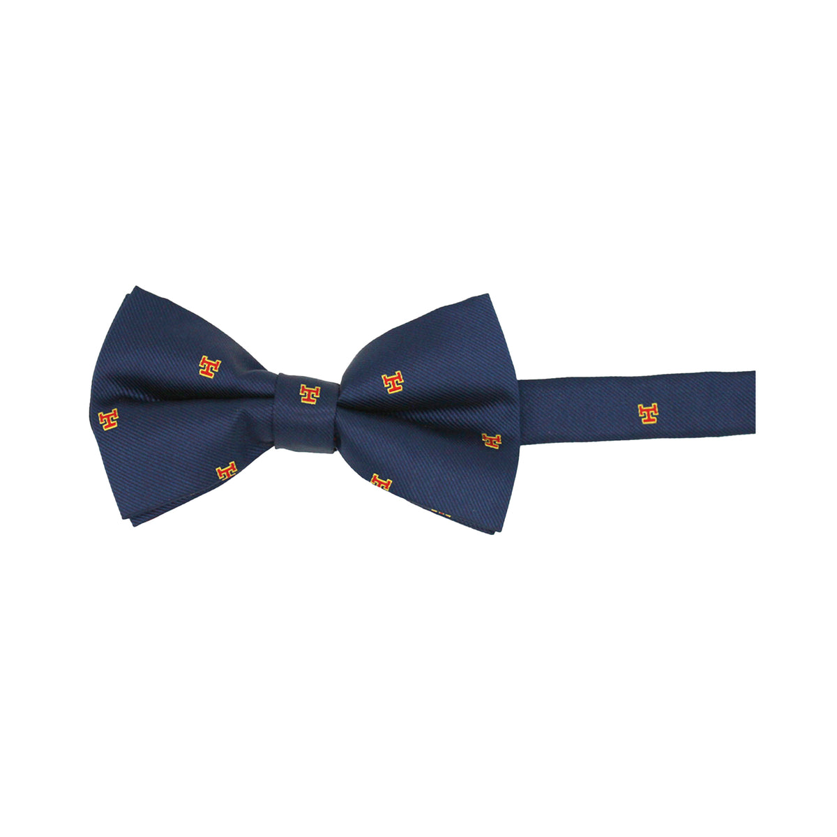 A blue bow tie with a subtle Masonic pattern featuring small red and gold Triple Tau shapes.