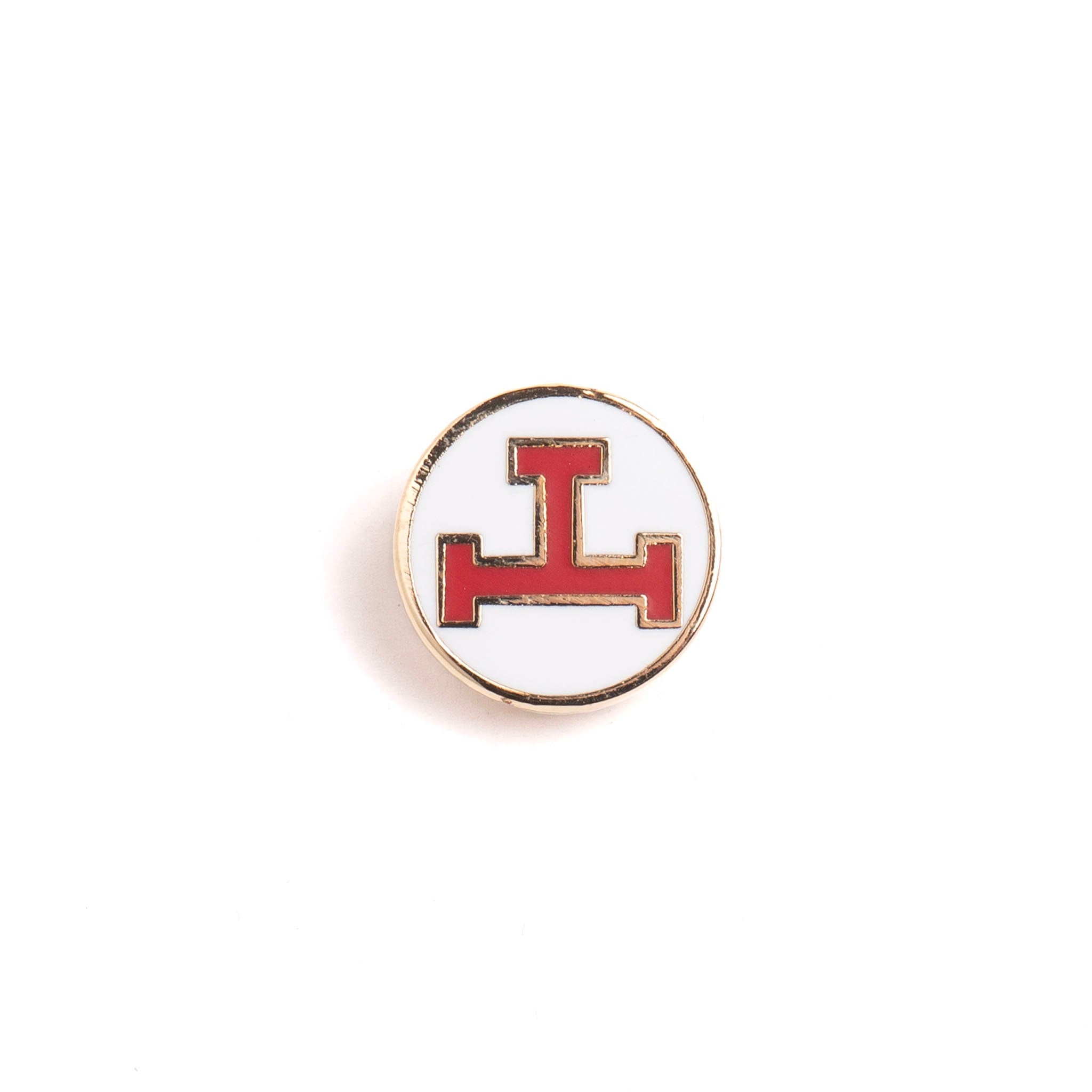 A round Masonic Royal Arch Triple Tau Lapel Pin Badge with a gold and red geometric pattern on a white background, with a metallic clasp on the back.