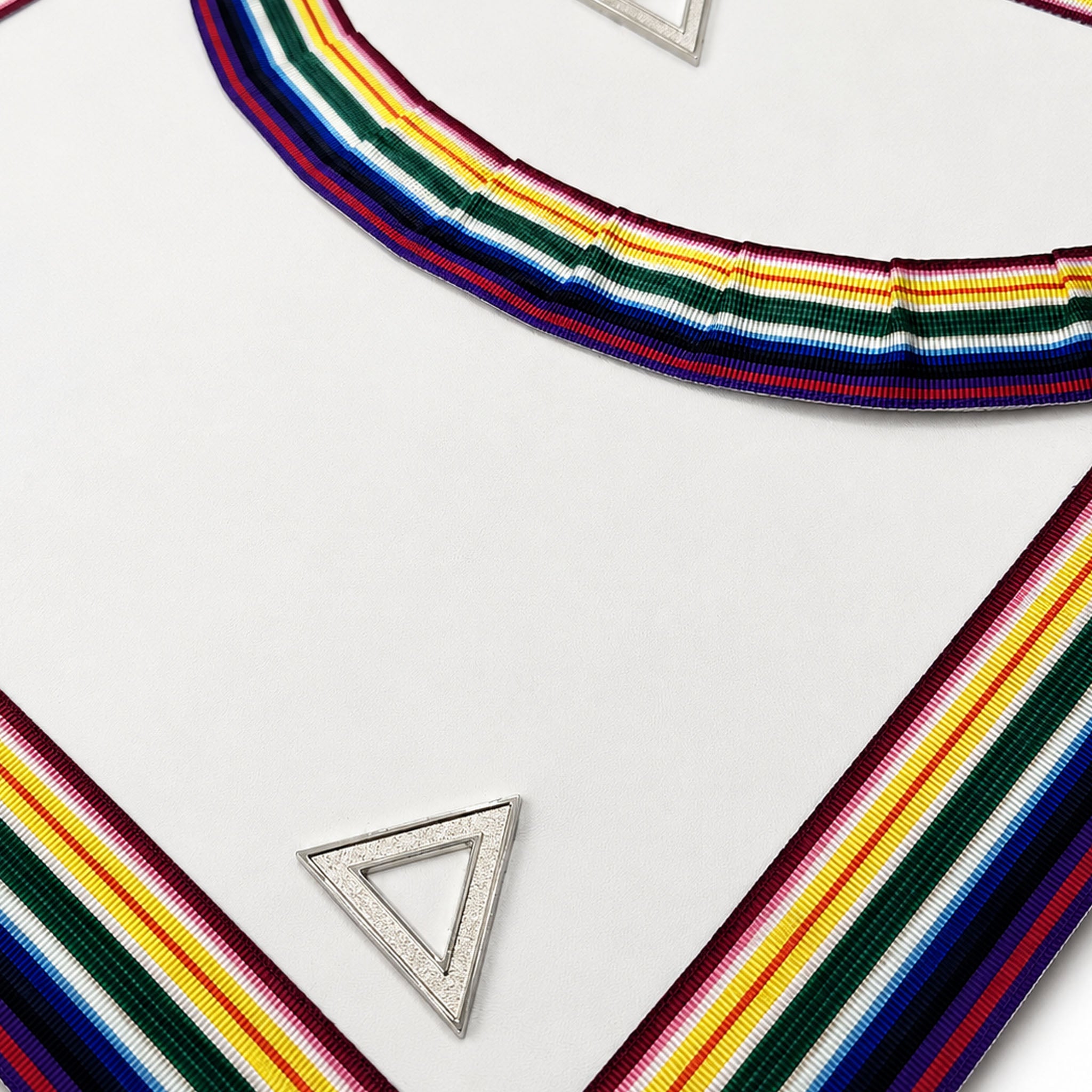 UGLE Official Royal Ark Mariner Commanders Apron, featuring a rainbow-coloured ribbon running along the sides, bottom edge, and flap close up image
