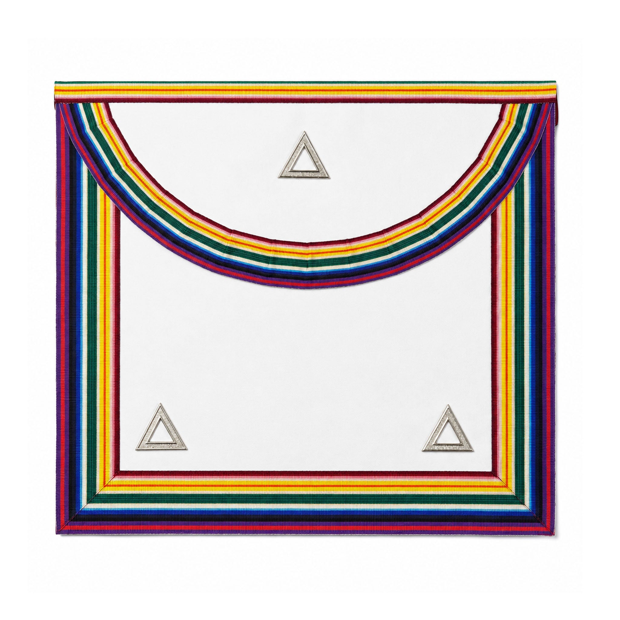 UGLE Official Royal Ark Mariner Commanders Apron, featuring a rainbow-coloured ribbon running along the sides, bottom edge, and flap