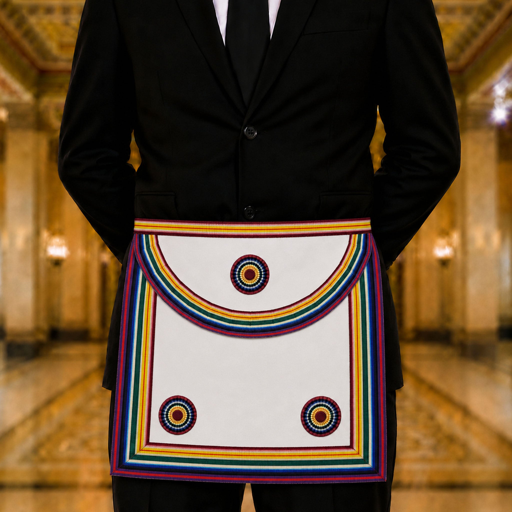 UGLE Official Royal Ark Mariner Members Apron, featuring a rainbow-coloured ribbon running along the sides, bottom edge, and flap being modelled