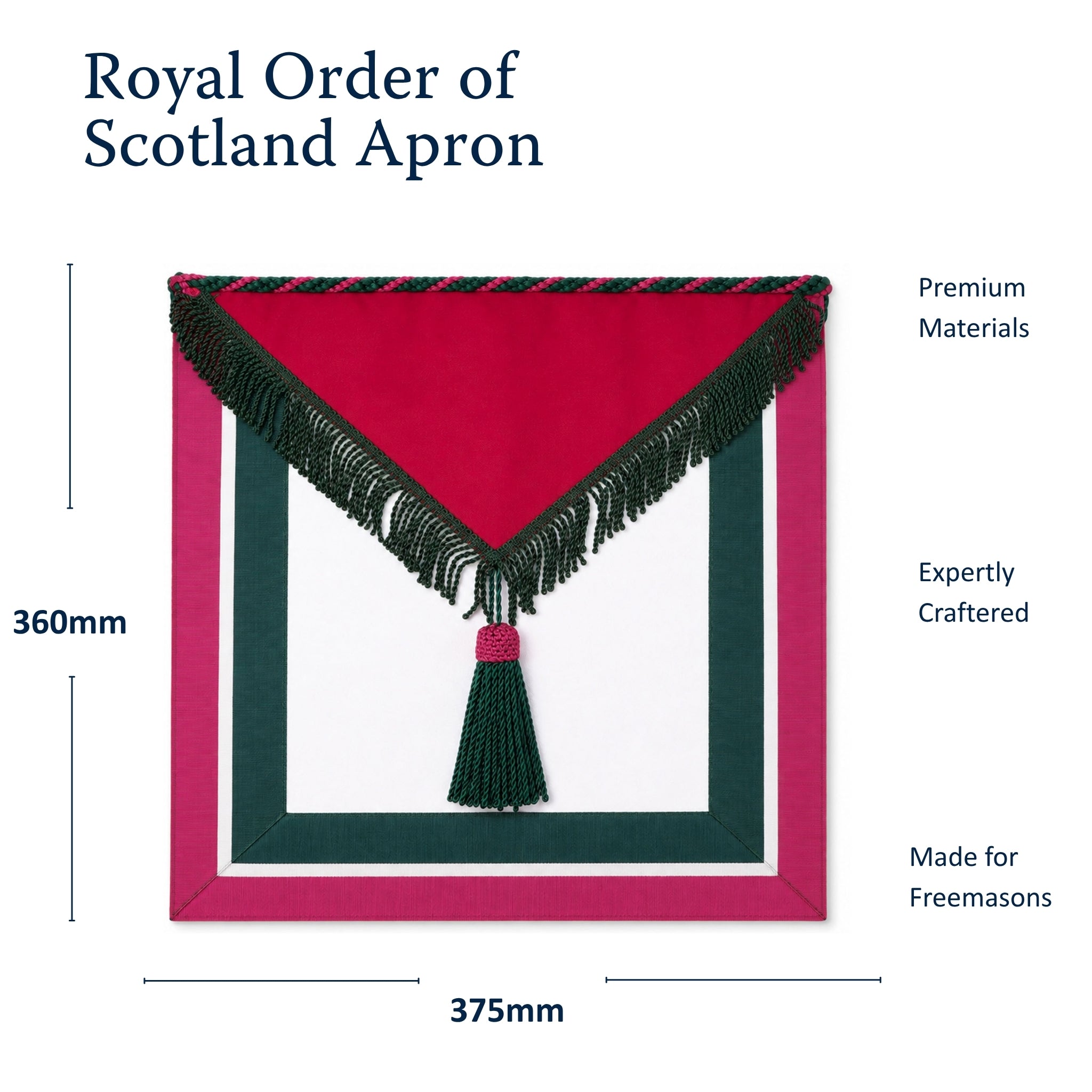 Royal Order of Scotland Masonic apron with red, green and white trim and tassel size dimension