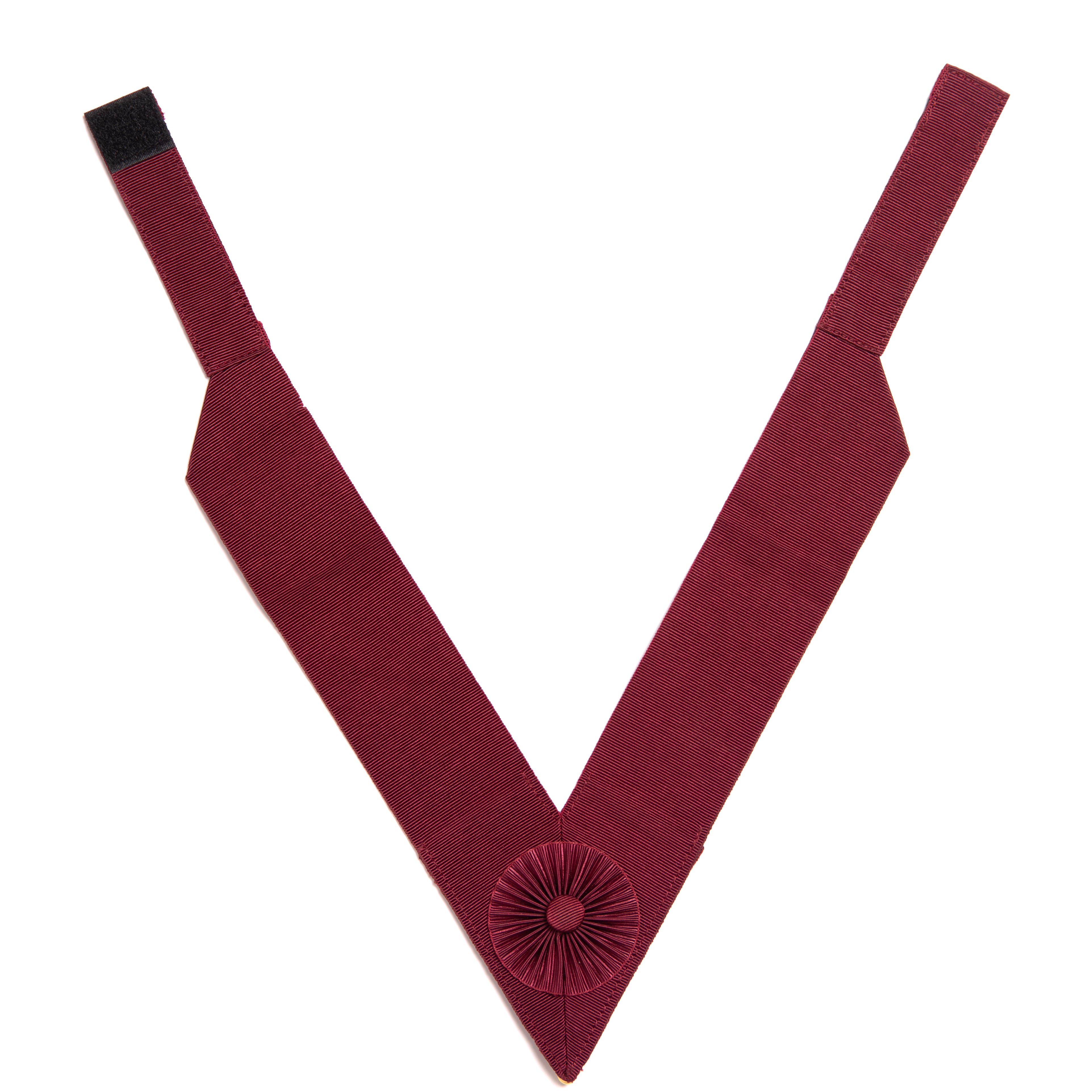 A red Masonic Provincial Past Collar, likely made of fabric, with a swivel hook tip and a clip at the rear.