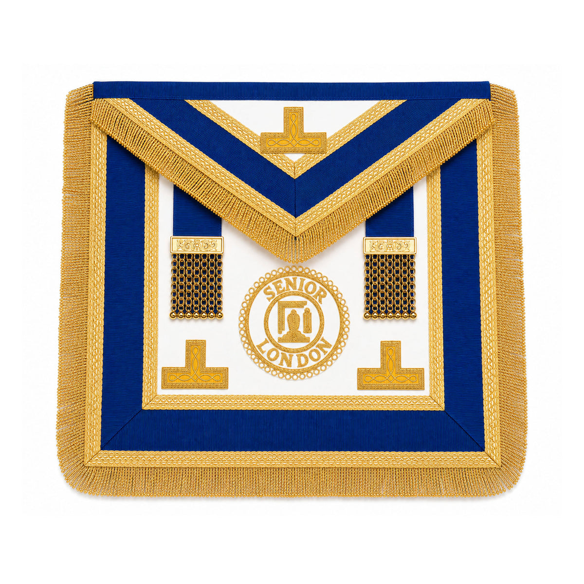 Senior London Grand Rank Masonic Apron dress style with blue trim, gold fringe and embroidered Senior London badge