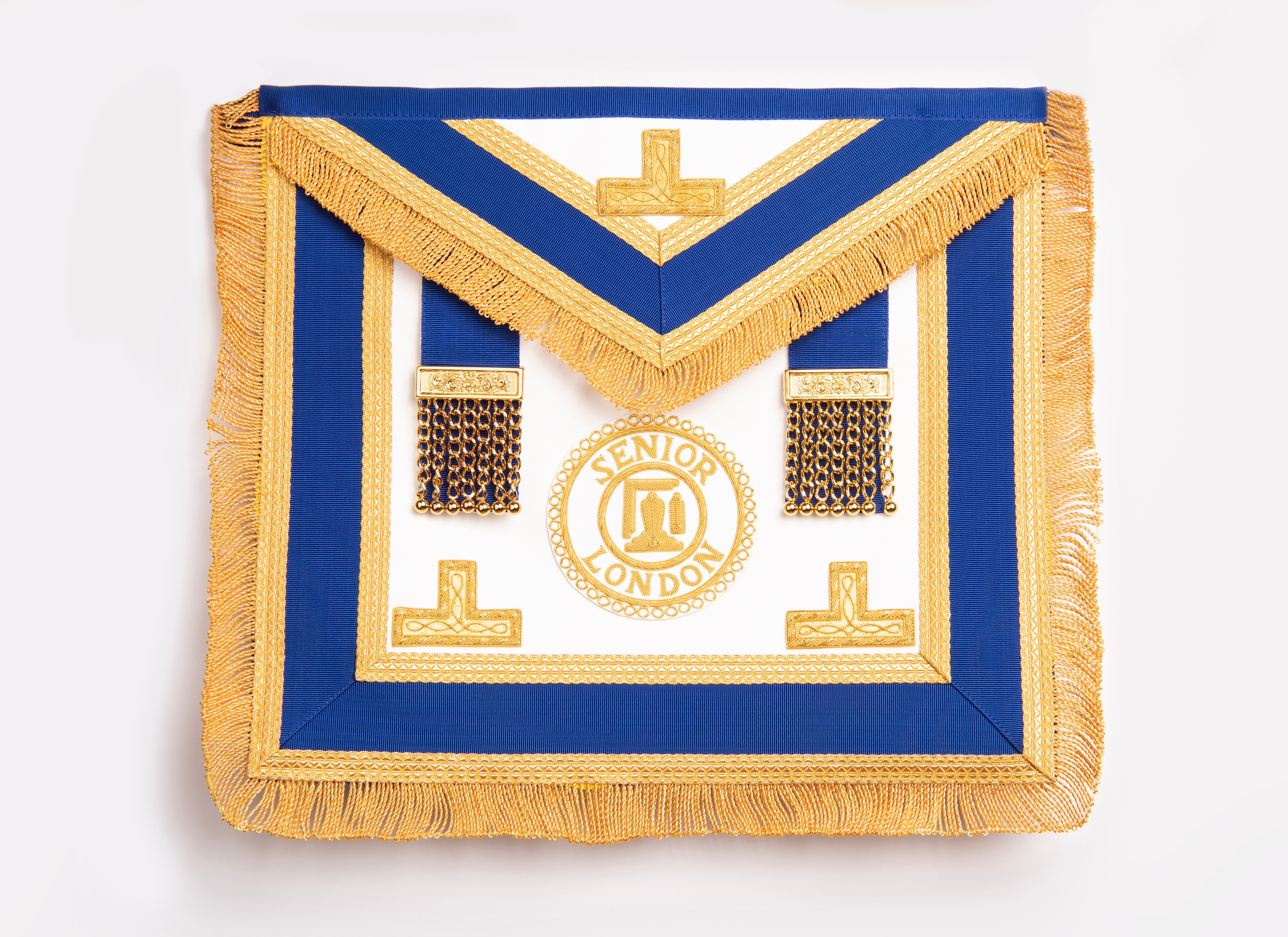 A blue Masonic apron featuring gold trim and rosettes, with a central badge displaying the word 'LONDON' encircled by a wreath.