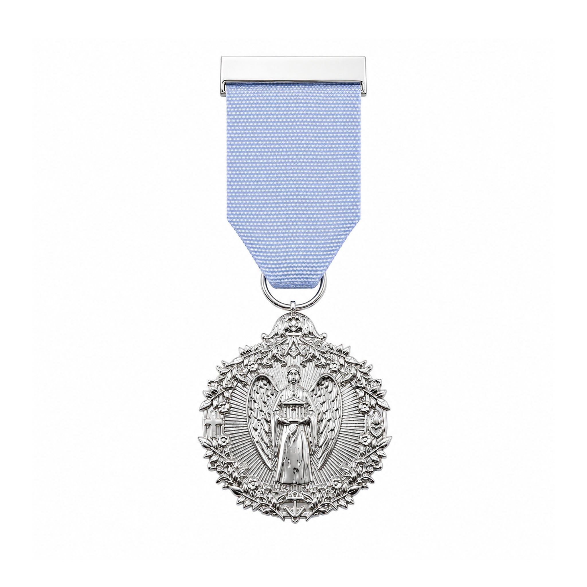 A silver-toned circular medal with an embossed angel figure, suspended from a light blue ribbon with a silver top bar, shown on a plain white background.