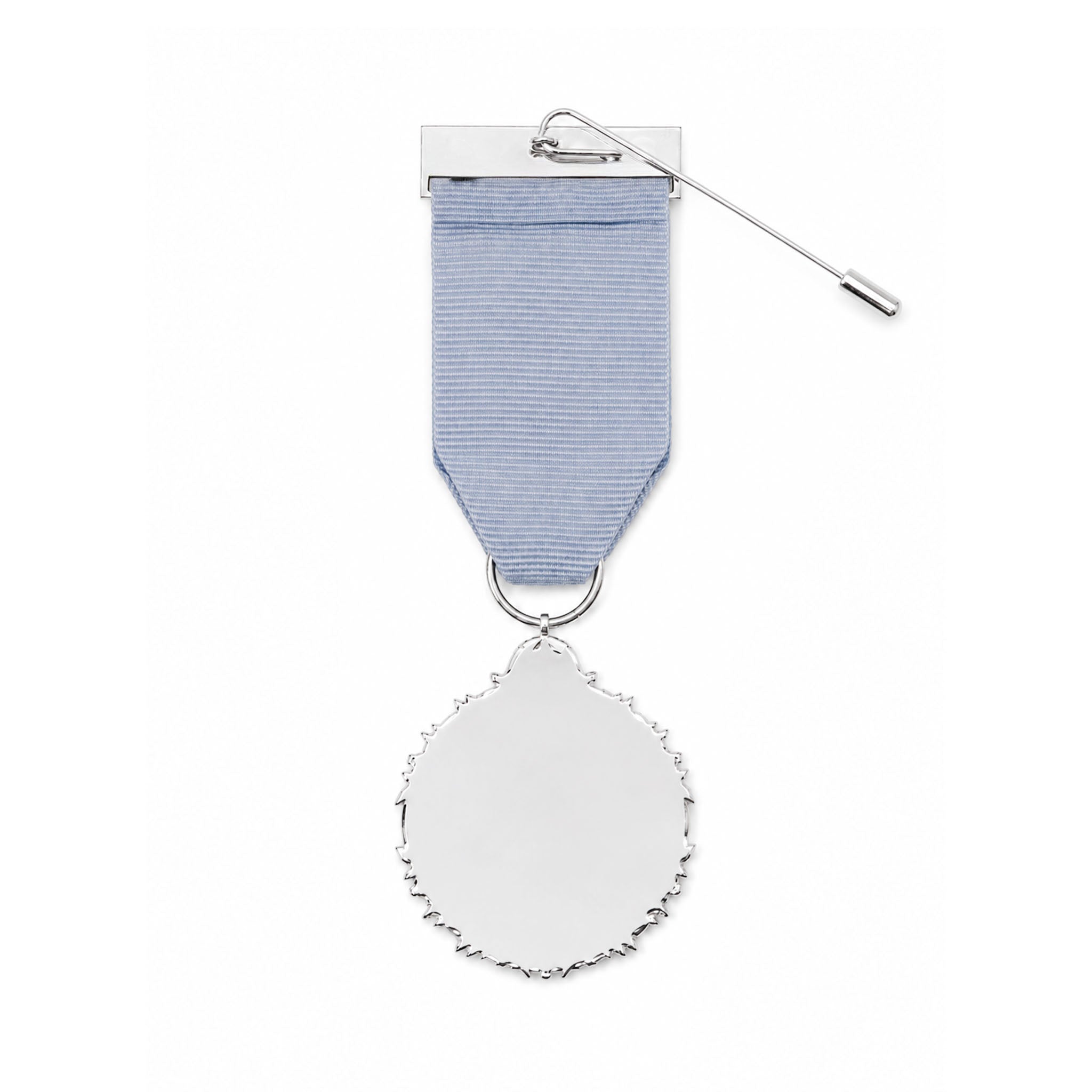 A silver-toned medal with a textured scalloped oval pendant hanging from a light blue ribbon, shown on a plain white background.