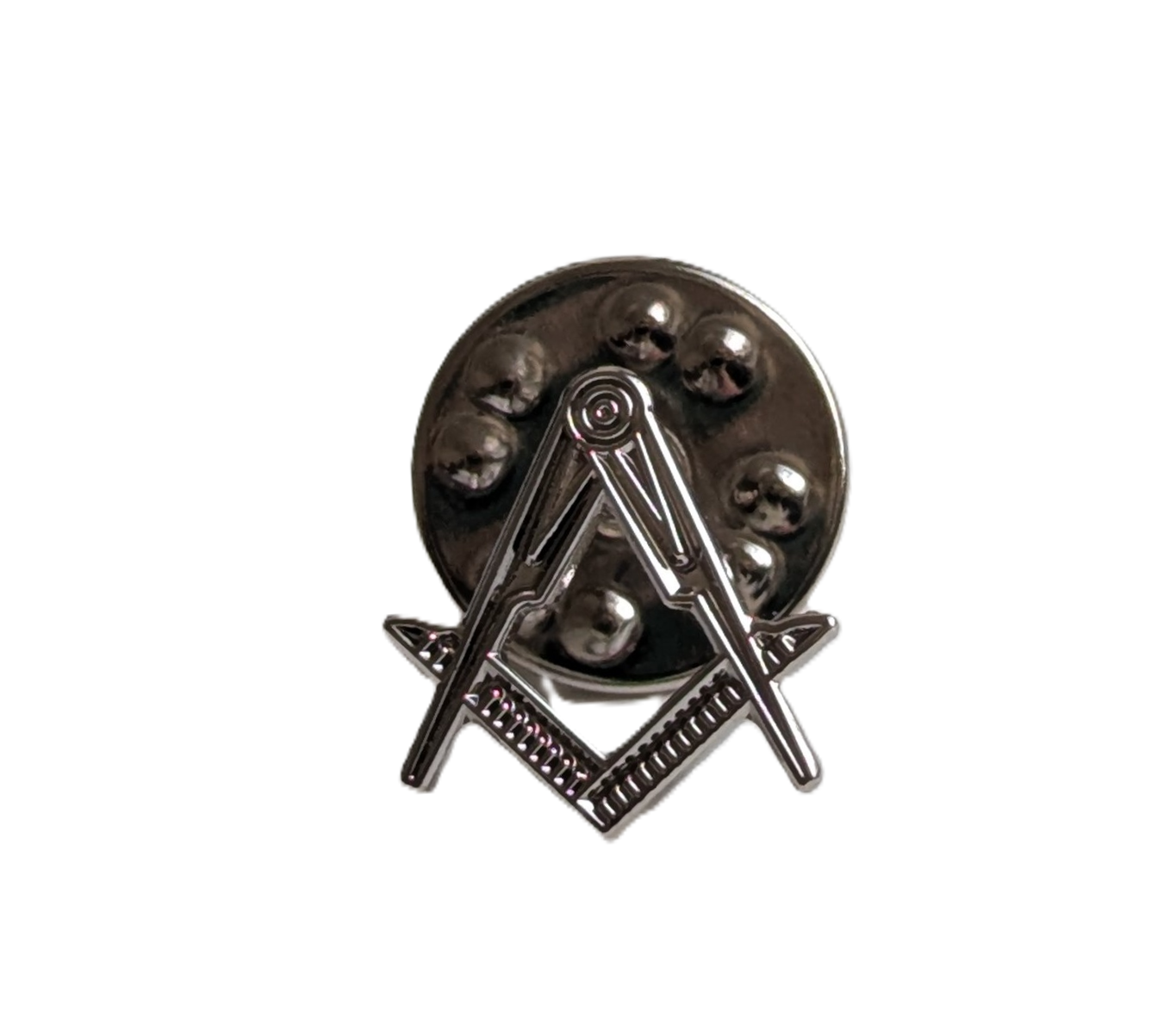 Metallic Masonic symbol badge with a clutch pin on a white background