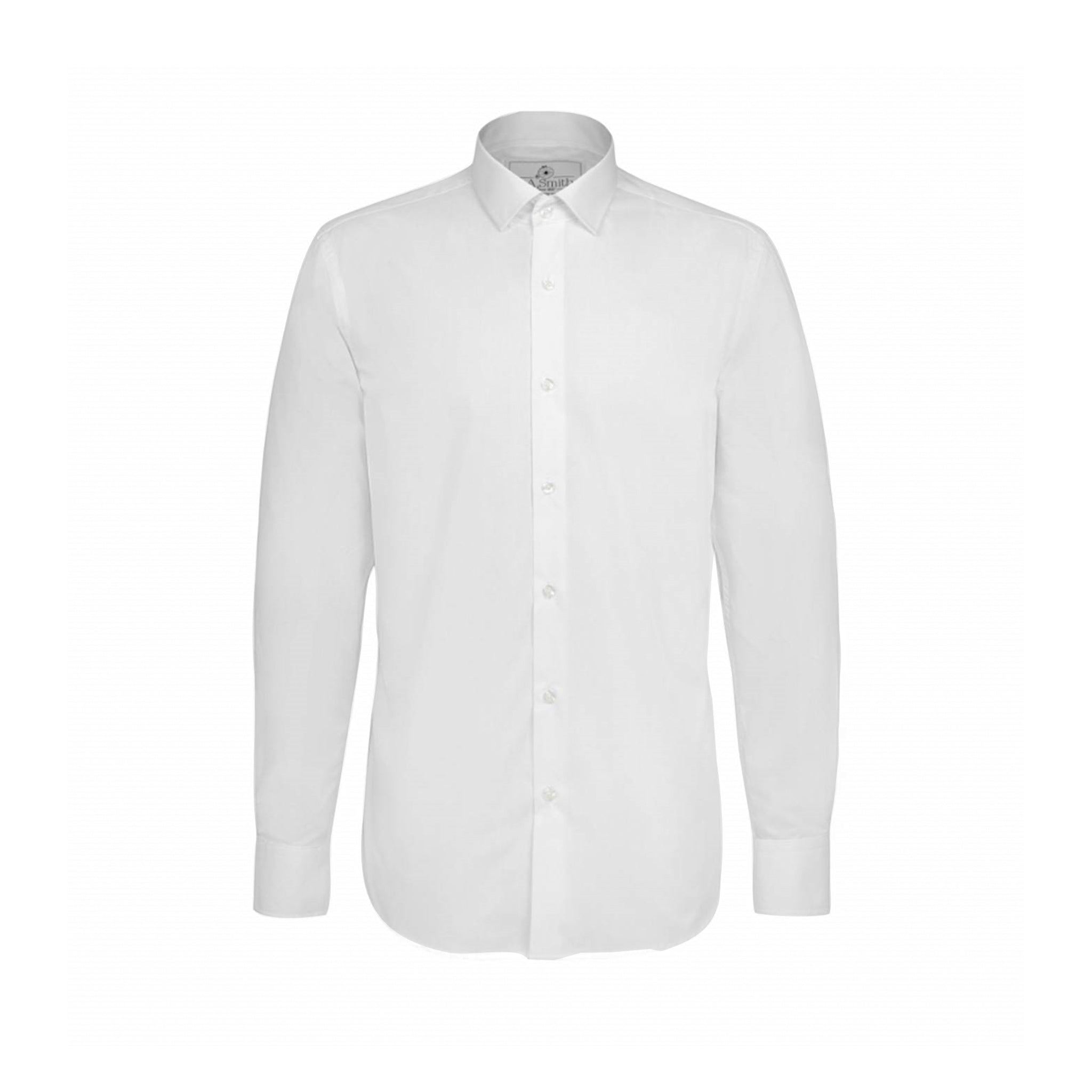 A white, long-sleeved, single cuff, button-up shirt with a collar, displayed against a plain background.
