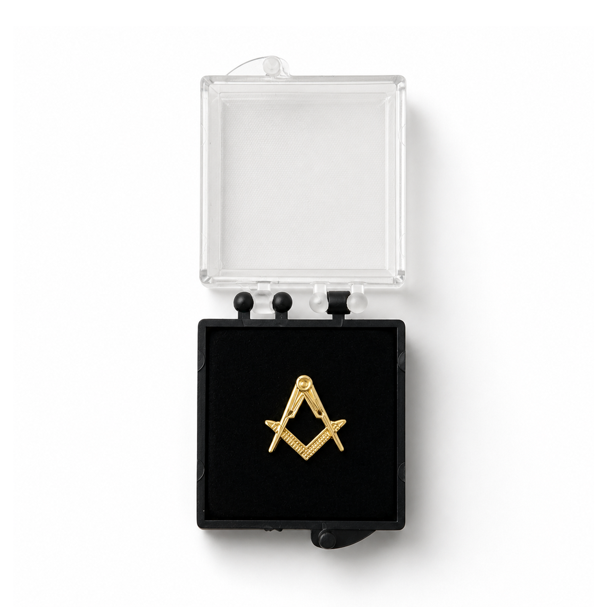 Masonic small lapel gold pin badge featuring the freemasons' square and compasses emblem in a opened presentation box