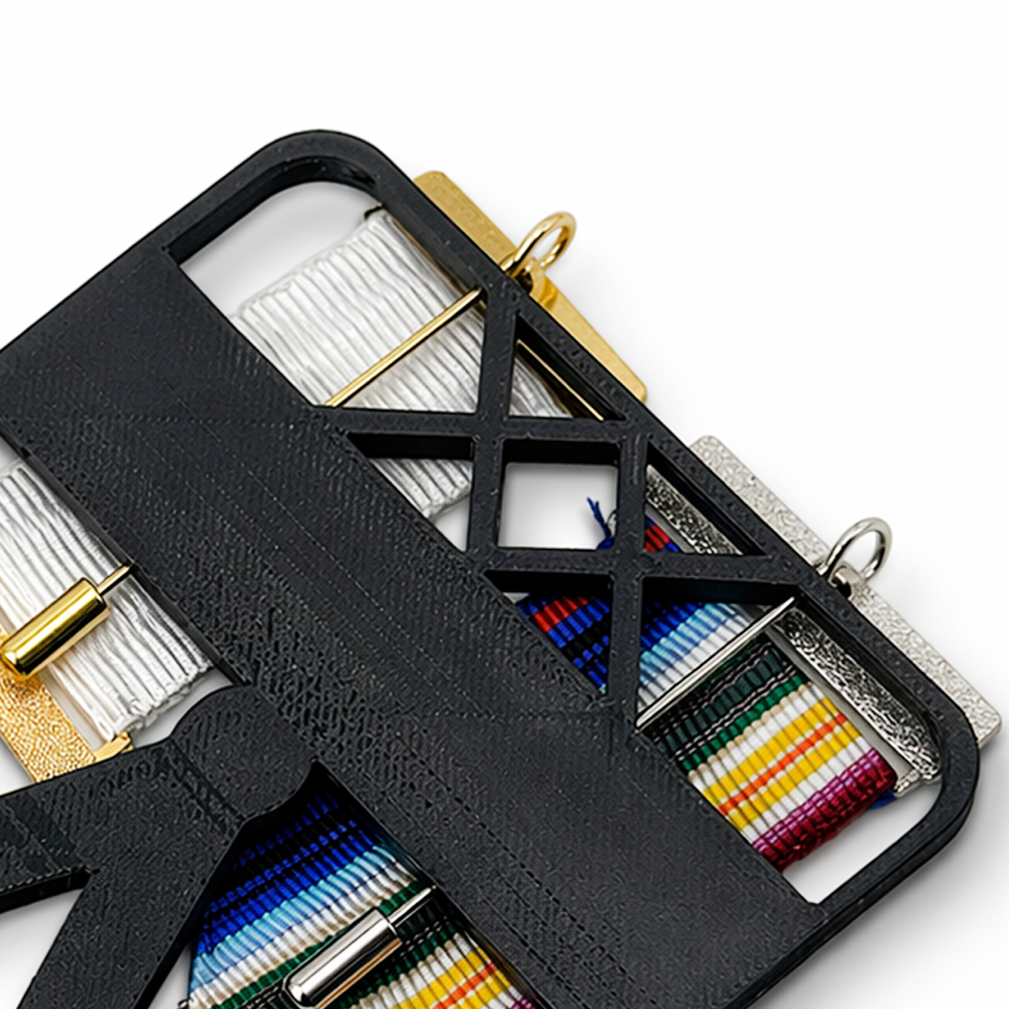 Masonic square and compass jewel holder in black holding the Companion Breast Jewel. Close up image of the back.