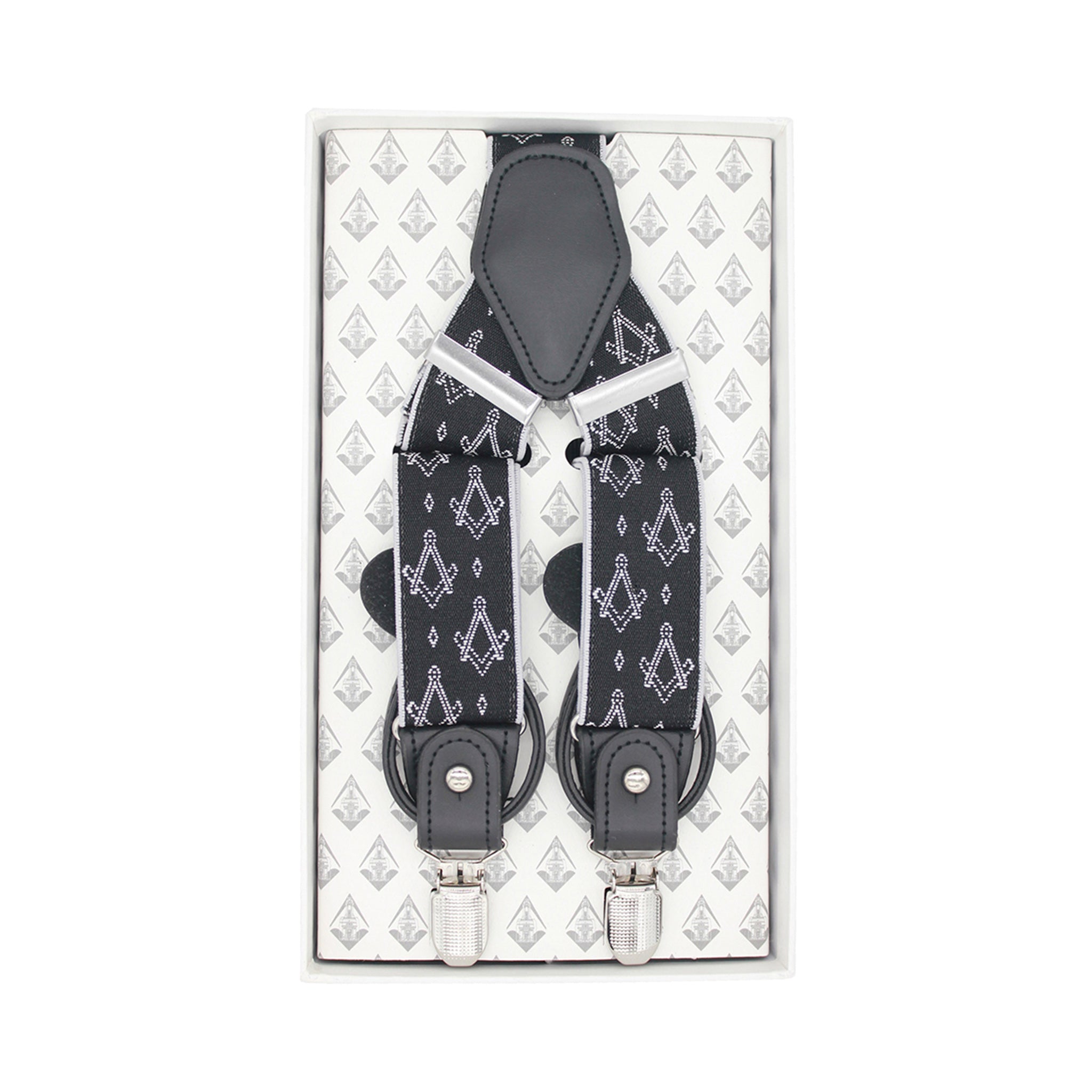 A pair of black square and compasses patterned braces displayed on a card with a patterned background.