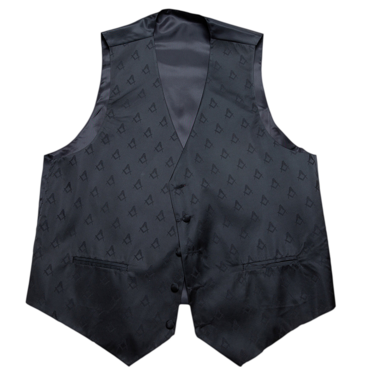 A black, single-breasted Masonic waistcoat with a square and compasses weave and five buttons.