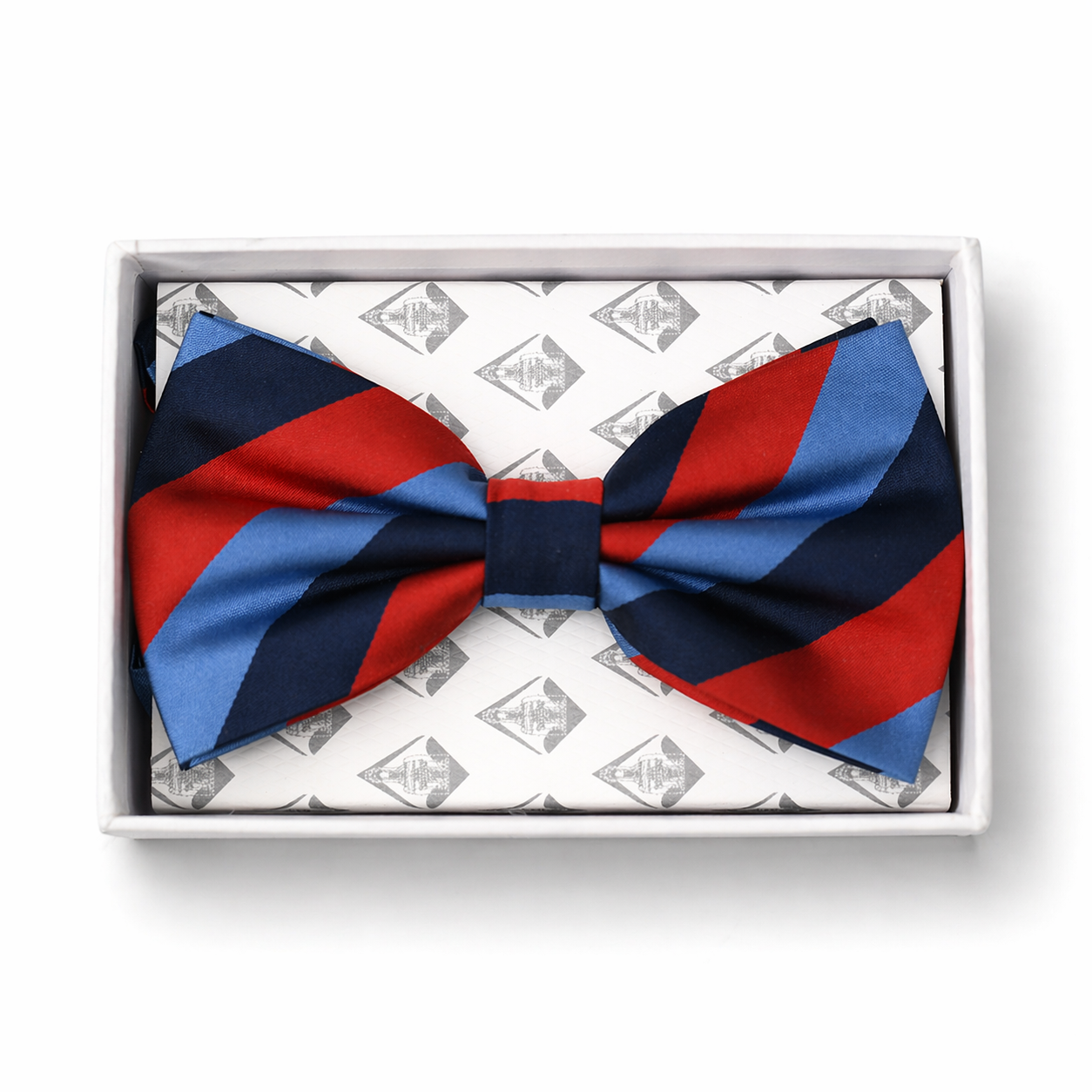 Masonic striped one Journey silk bow in red, navy, and light blue diagonal pattern, formal Freemason accessory for lodge wear. presented in gift box