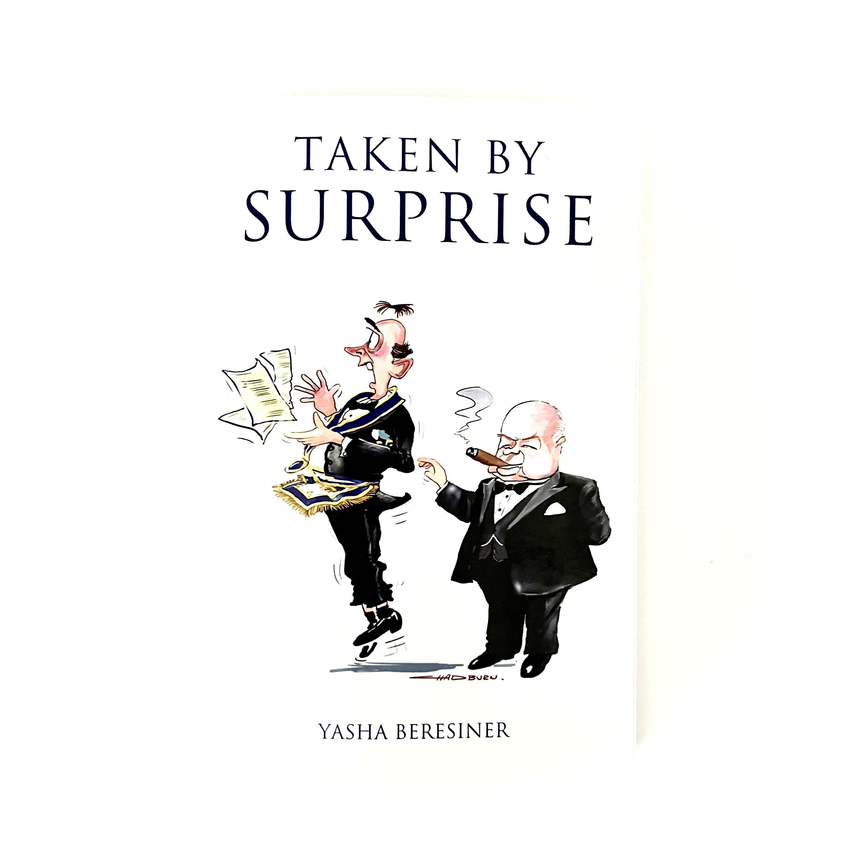 Book cover for 'Taken by Surprise' featuring a cartoon illustration of two men, one in a suit and the other in a more casual outfit, with the title and author's name at the bottom.