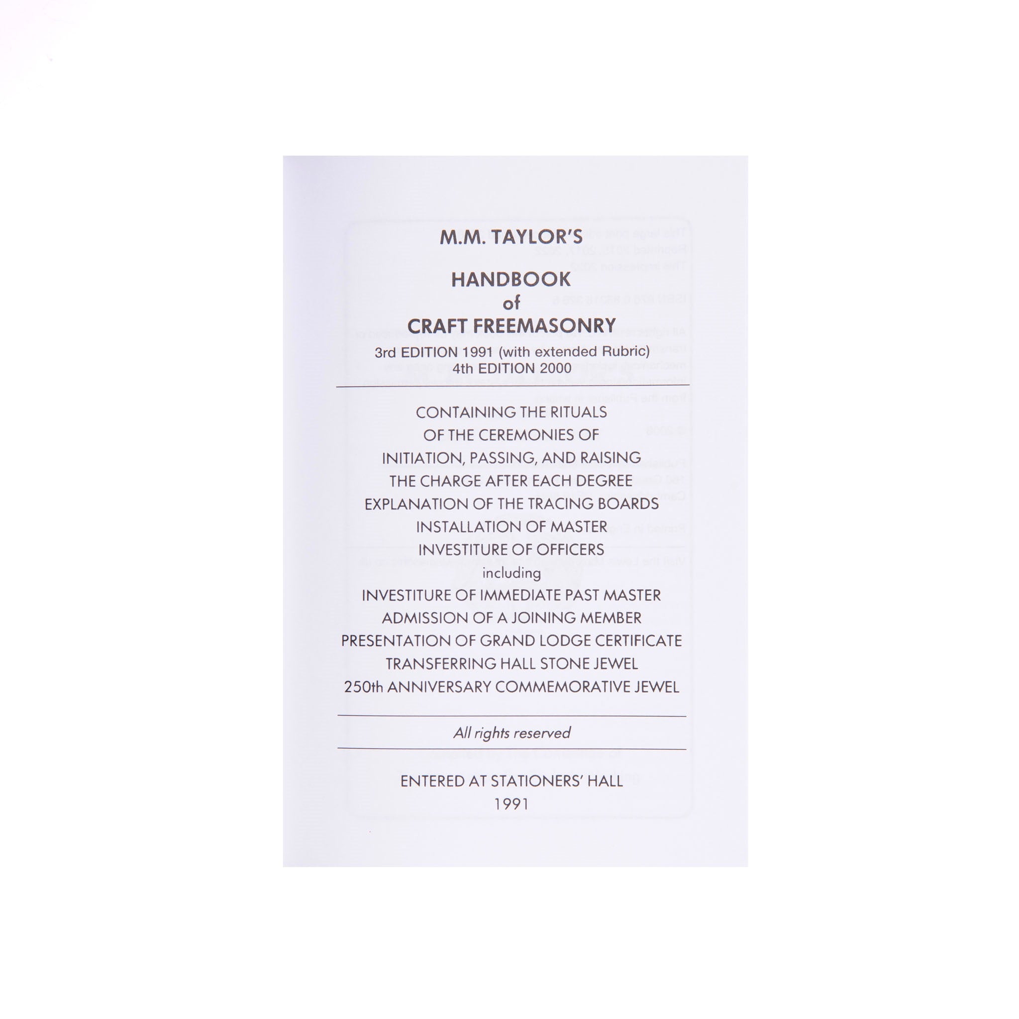 Taylors Pocket Ritual Book inside cover, printed in black on white paper.