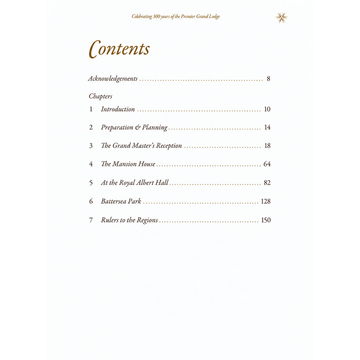 Book titled 'Tercentenary: Celebrating 300 years of the Premier Grand Lodge' contents page
