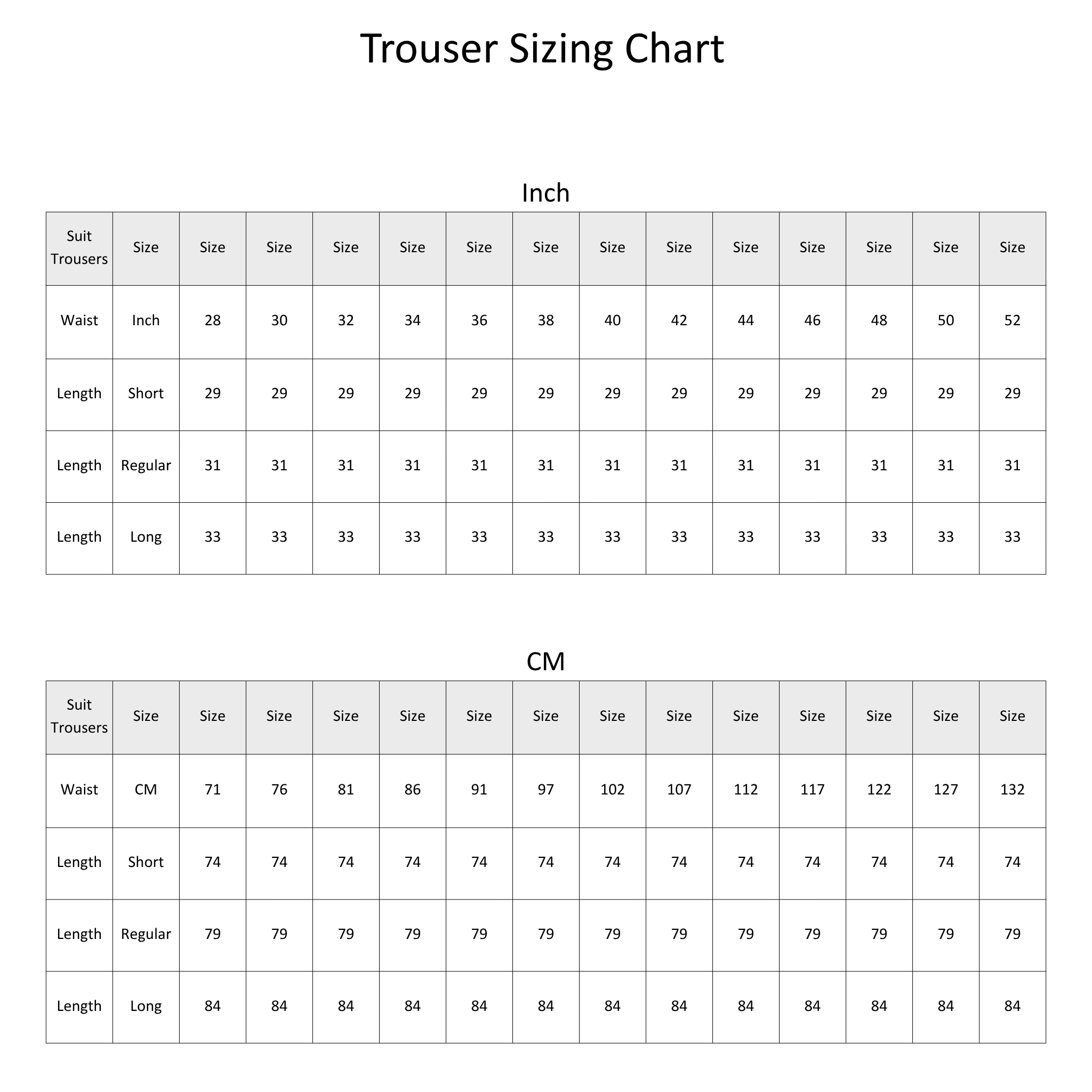 Trouser size chart, in cm and inches.