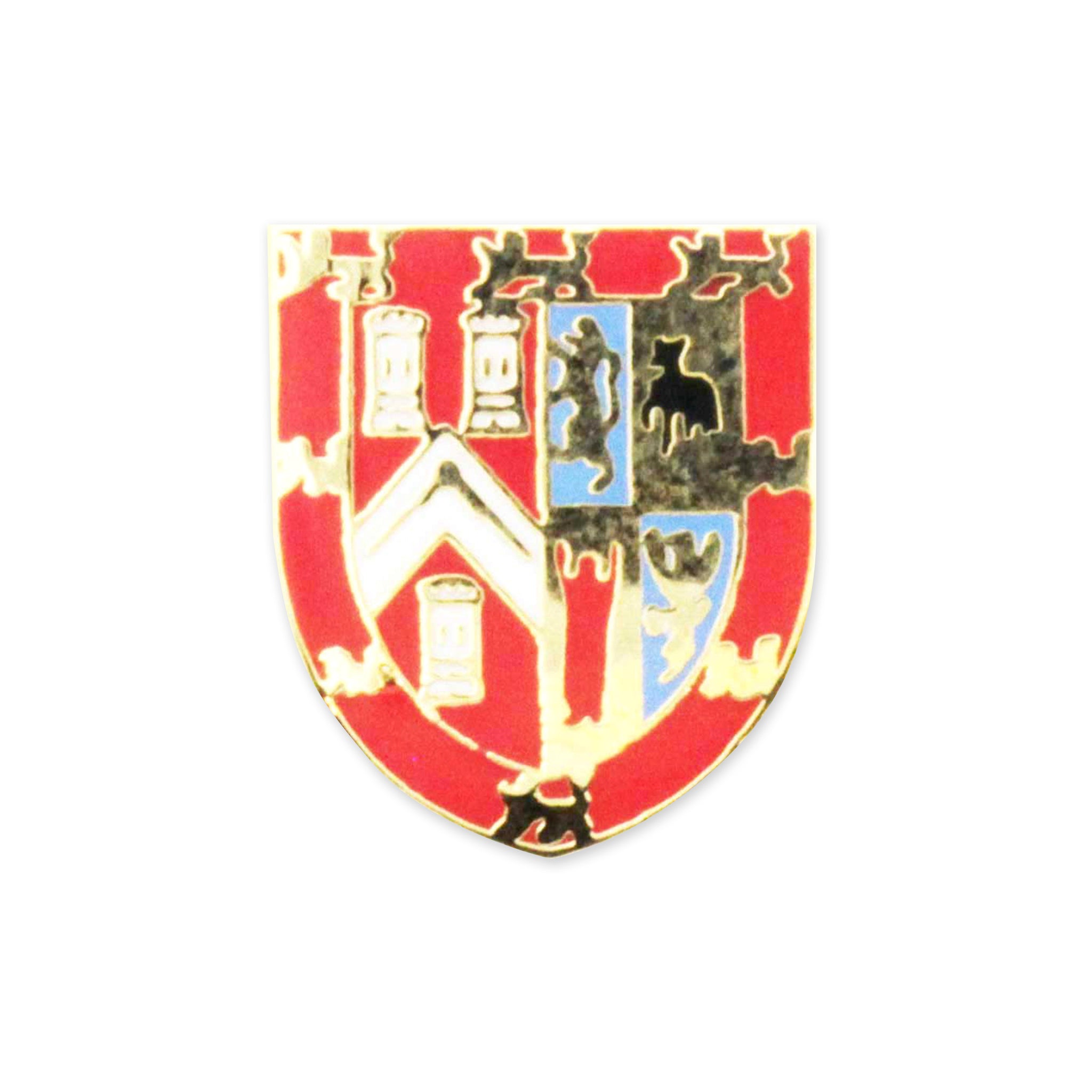An enamel pin with the United Grand Lodge of England Coat of Arms, featuring red, gold, and blue colours with intricate detailing.