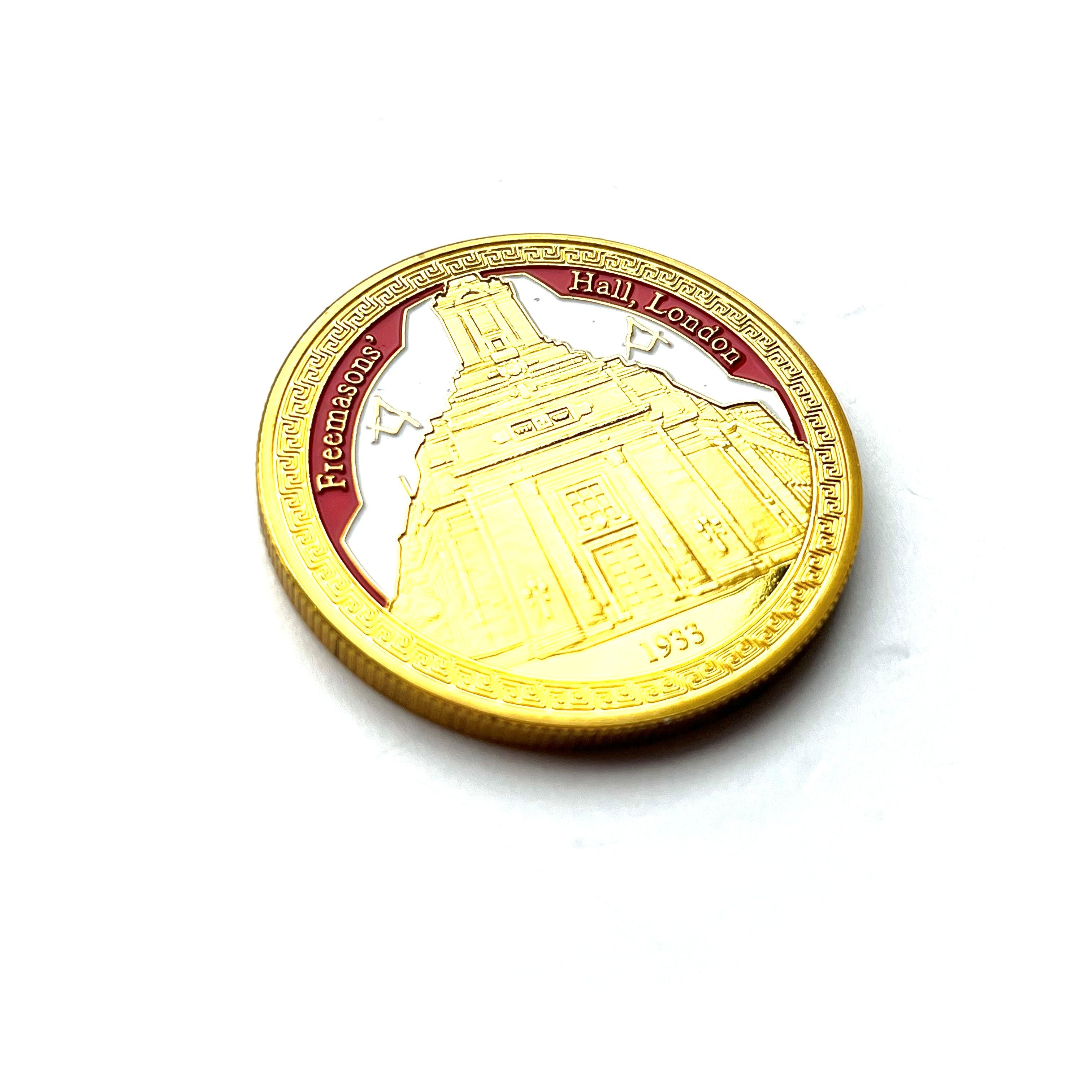 UGLE Gold Coin Front at an angle