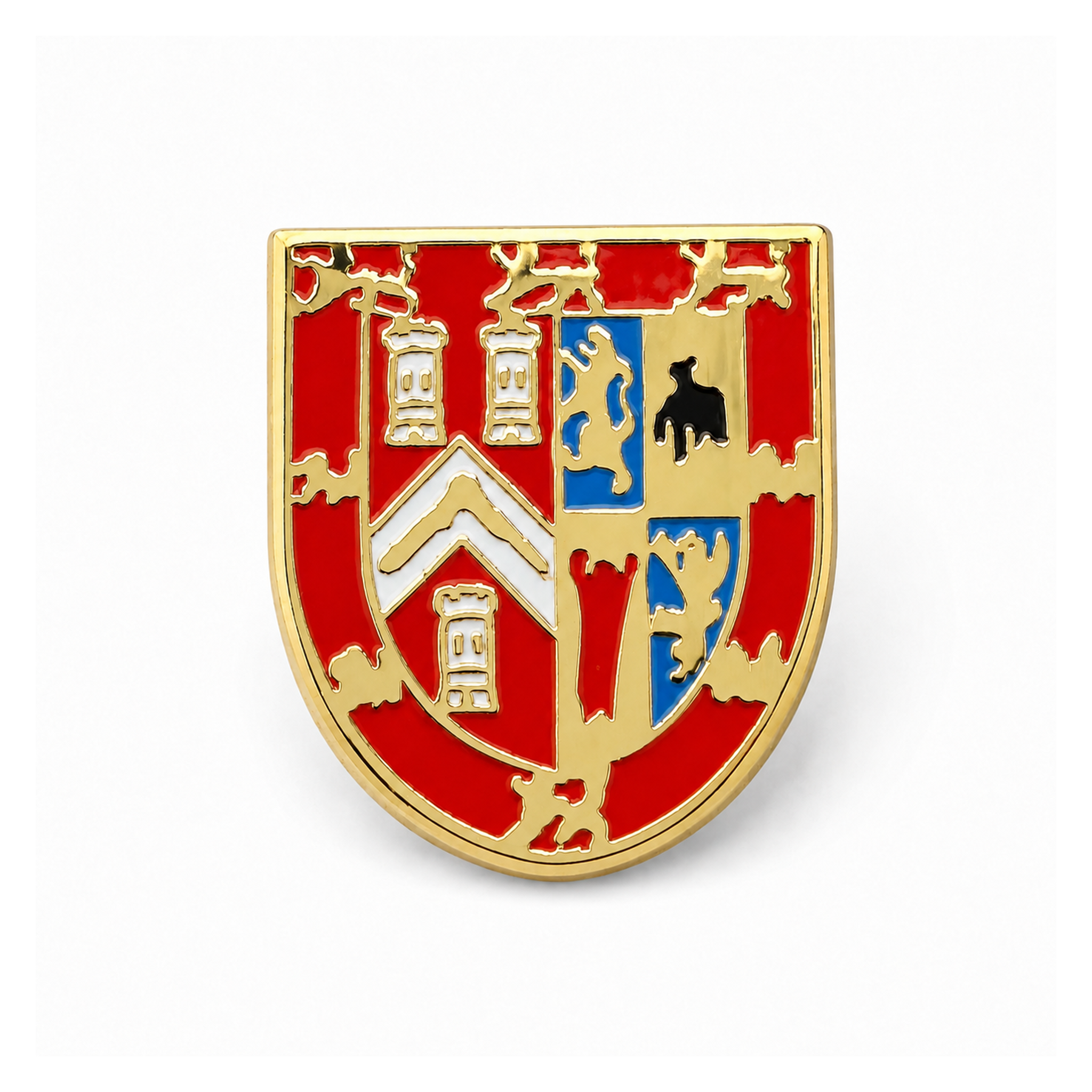 An enamel pin with the United Grand Lodge of England Coat of Arms, featuring red, gold, and blue colours with intricate detailing.