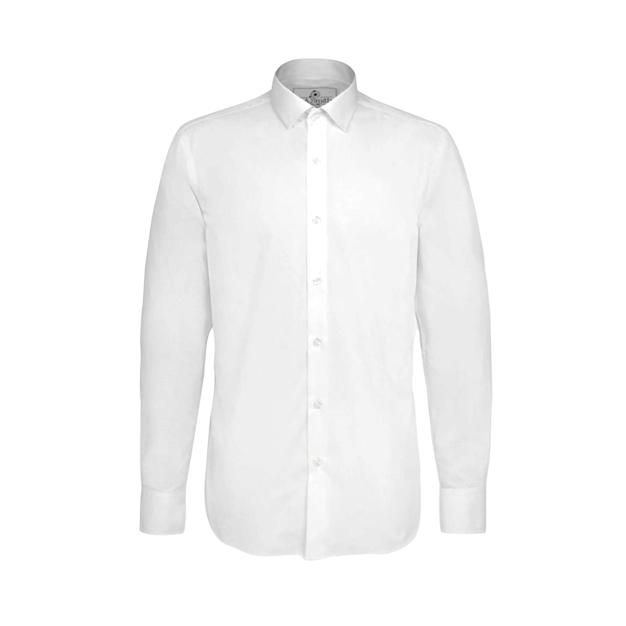 A white double cuff shirt with long sleeves, button-up collar, and no visible brand tag.