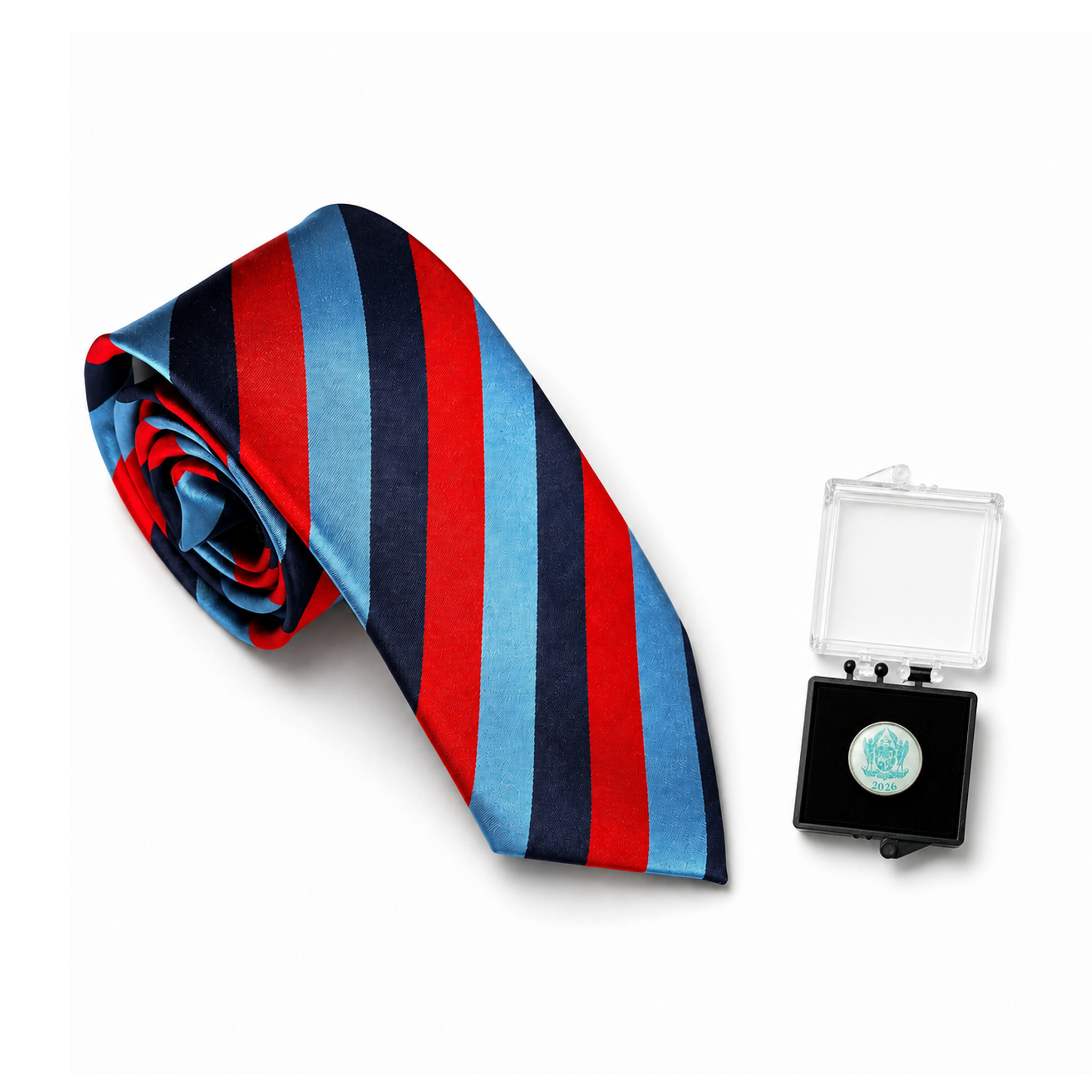 Freemasons' Hall striped One Journey tie in pure woven silk alongside masonic light blues 2026 lapel pin badge