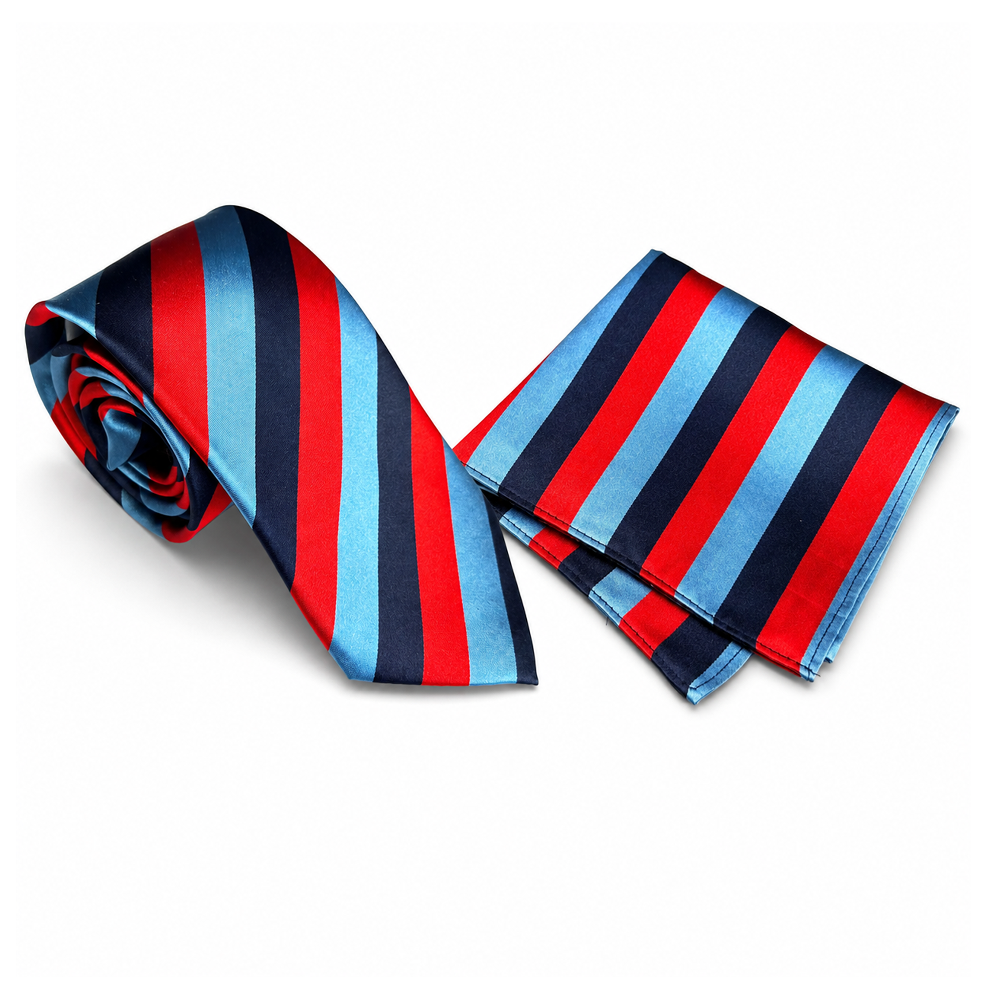 Striped rolled tie with red, light blue, and navy colors and same colour pattern pocket square