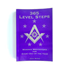 A purple book cover with the title '365 Level Steps' and the subtitle 'Masonic Meditations for Every Day of the Year'. The cover also features the author's name, Jonti Marks, and is adorned with stars and a Masonic symbol.