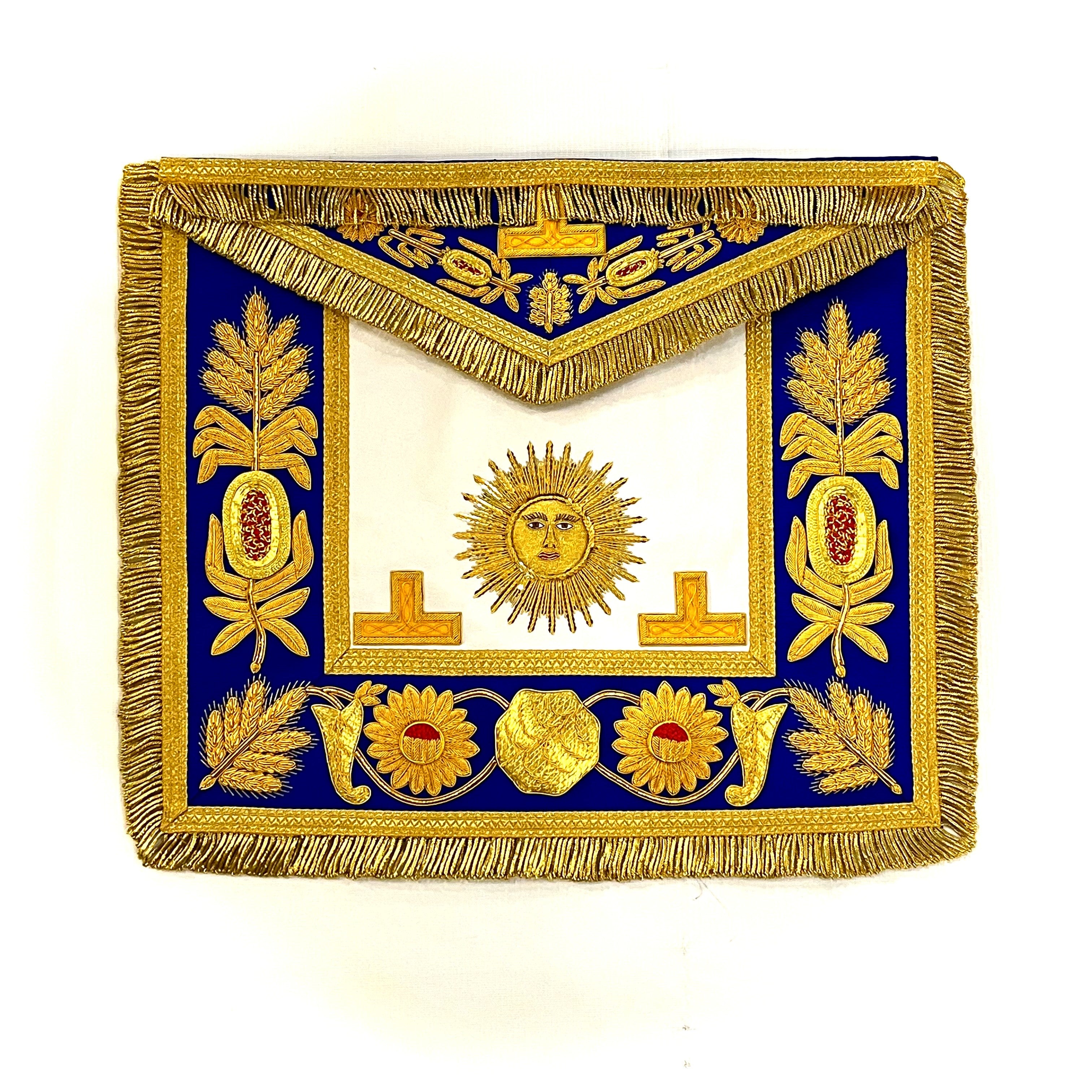 A blue, white and gold Grand Master Masonic Apron, showing Masonic symbols