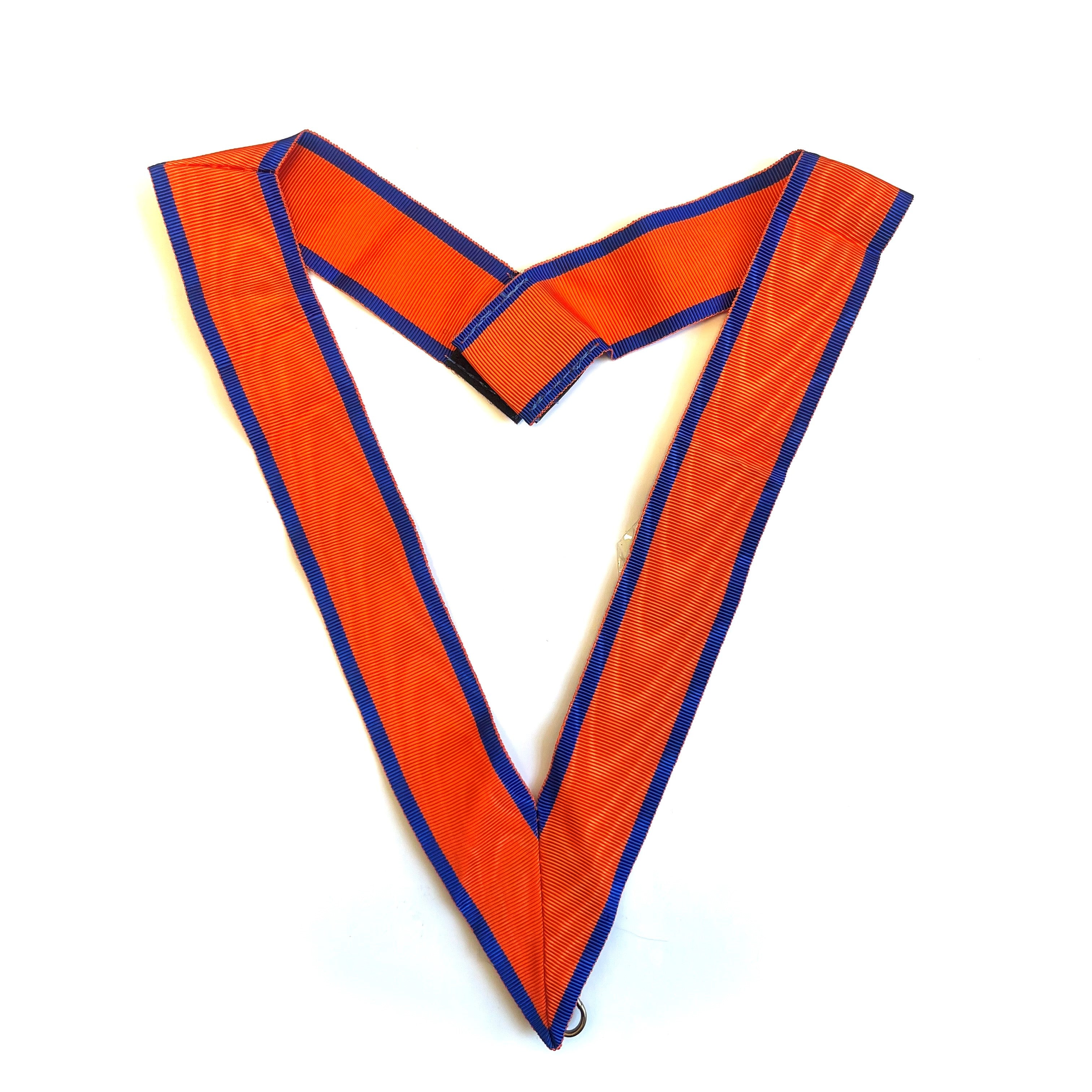 An orange and blue Masonic collarette with a heart-like shape, typically worn as a symbol of office or rank.