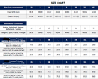 Size chart for clothing measurements in inches and centimeters with international conversion.