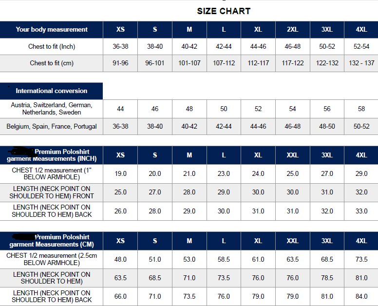 Size chart for clothing measurements in inches and centimeters with international conversion.