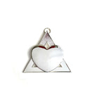 A silver coloured Masonic collar jewel, triangular shaped with a heart in the centre.