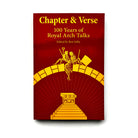 A book cover of 'Chapter & Verse: 100 Years of Royal Arch Talks' with a red background and a graphic design featuring a golden arch and what appears to be a stylized representation of a human hand or arm holding a torch.
