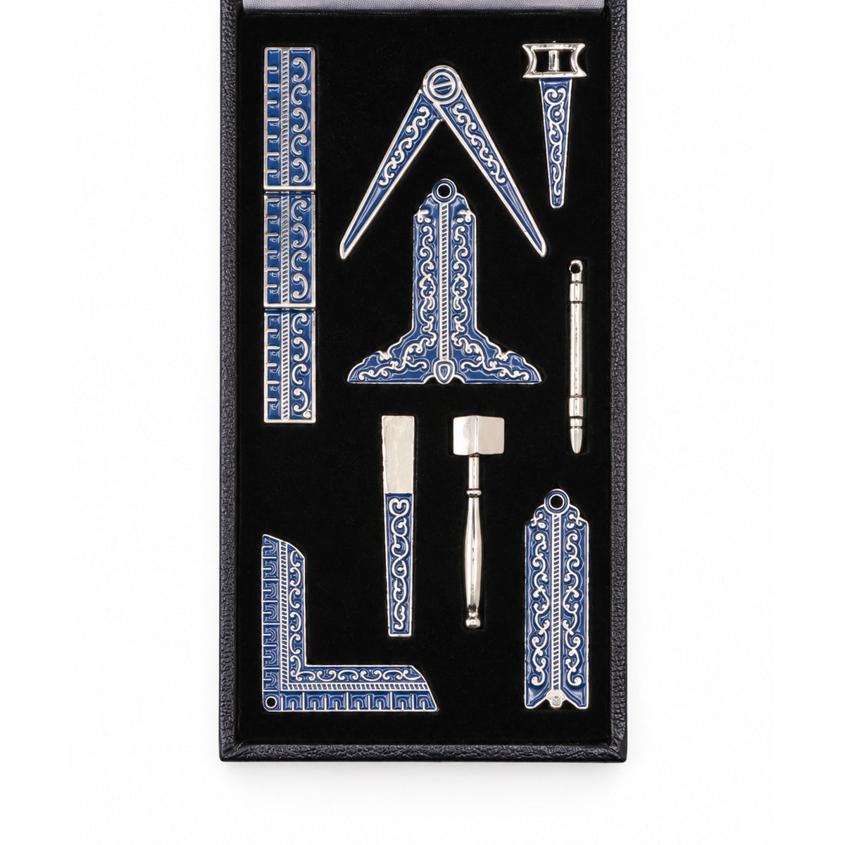 Craft Miniature Working Tools Set with nine blue enamel Masonic working tools in fitted presentation box