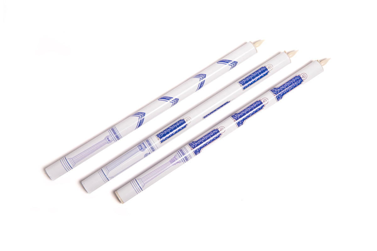 A set of three Masonic Craft white LED candles with blue and white, displayed against a white background.
