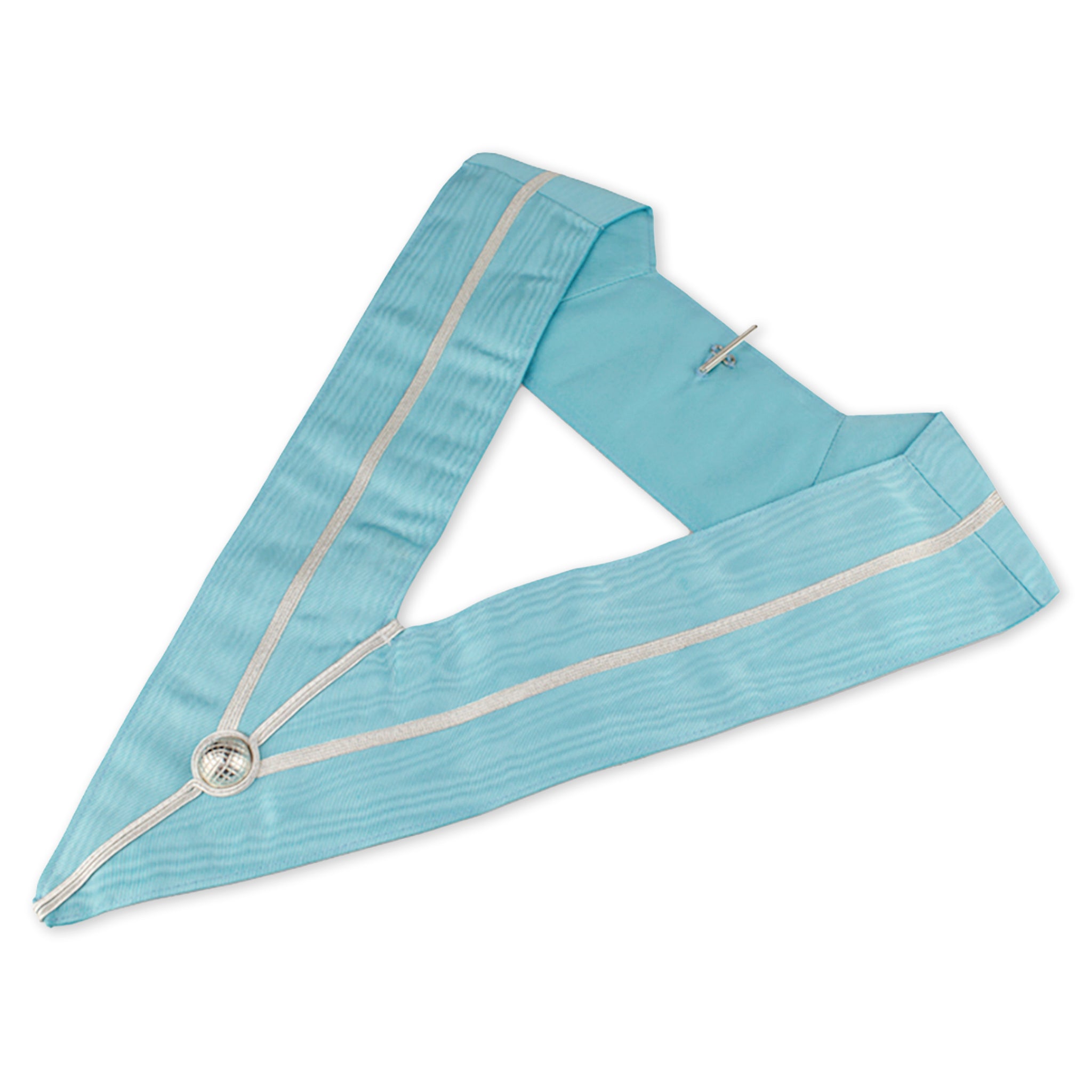 A light blue Craft Past Master's Masonic collar with silver ribboning and a central emblem.