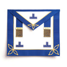 A blue Masonic Craft apron with gold and silver accents and symbols.