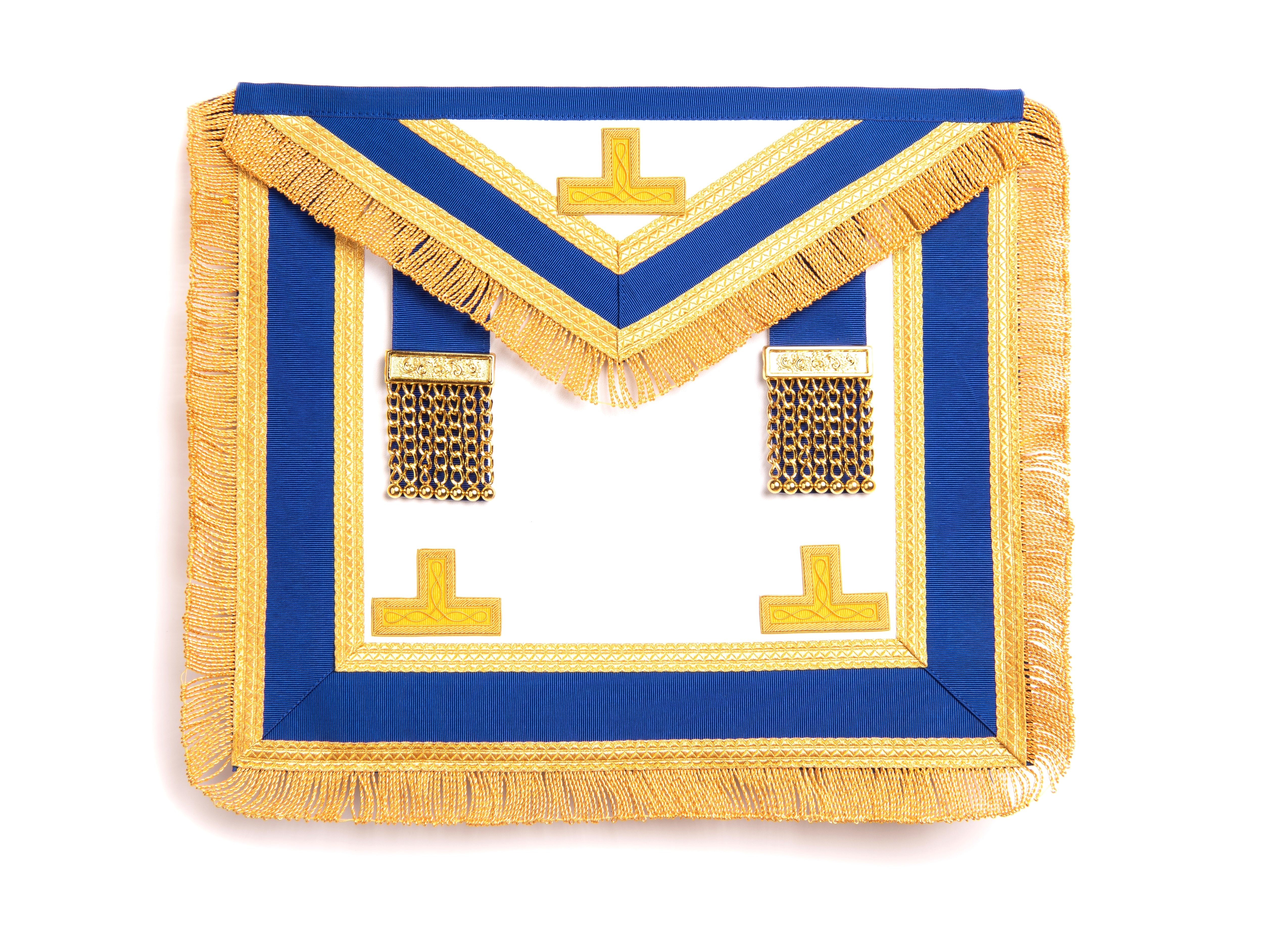 A blue, white, and gold coloured Masonic apron with fringes and embellishments.