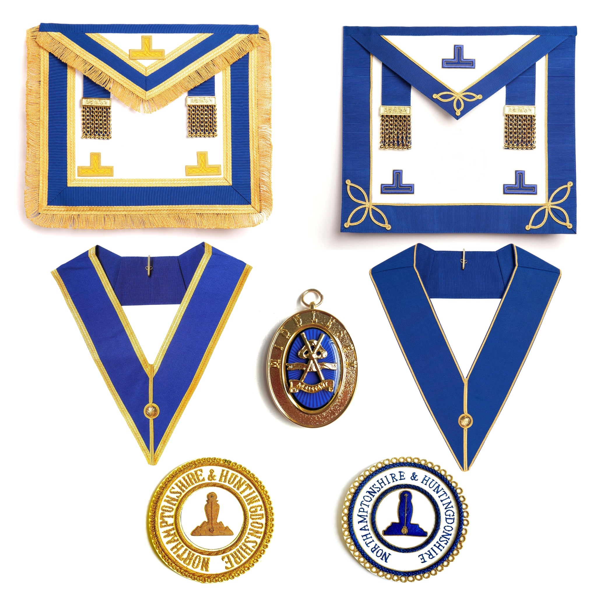 A set of ceremonial Masonic apparel and insignia displayed on a white background, including two square and two triangle necklaces, a round pendant, and two oval badges in blue and gold.
