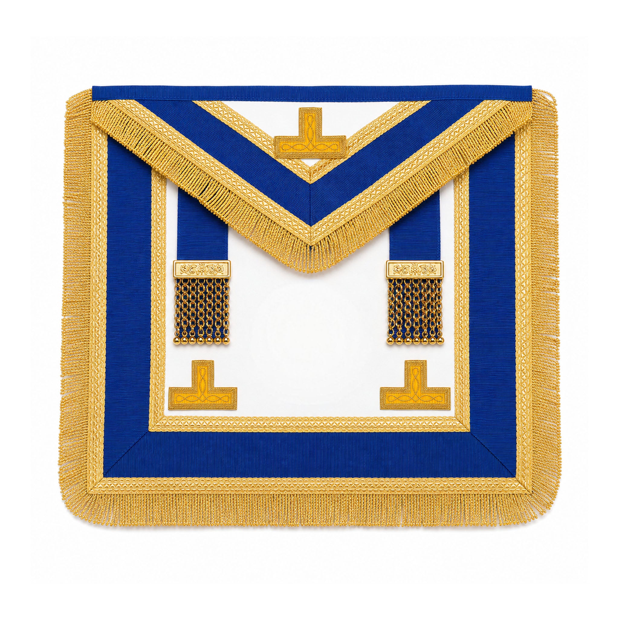 Craft provincial Masonic apron dress style with blue trim and gold fringe