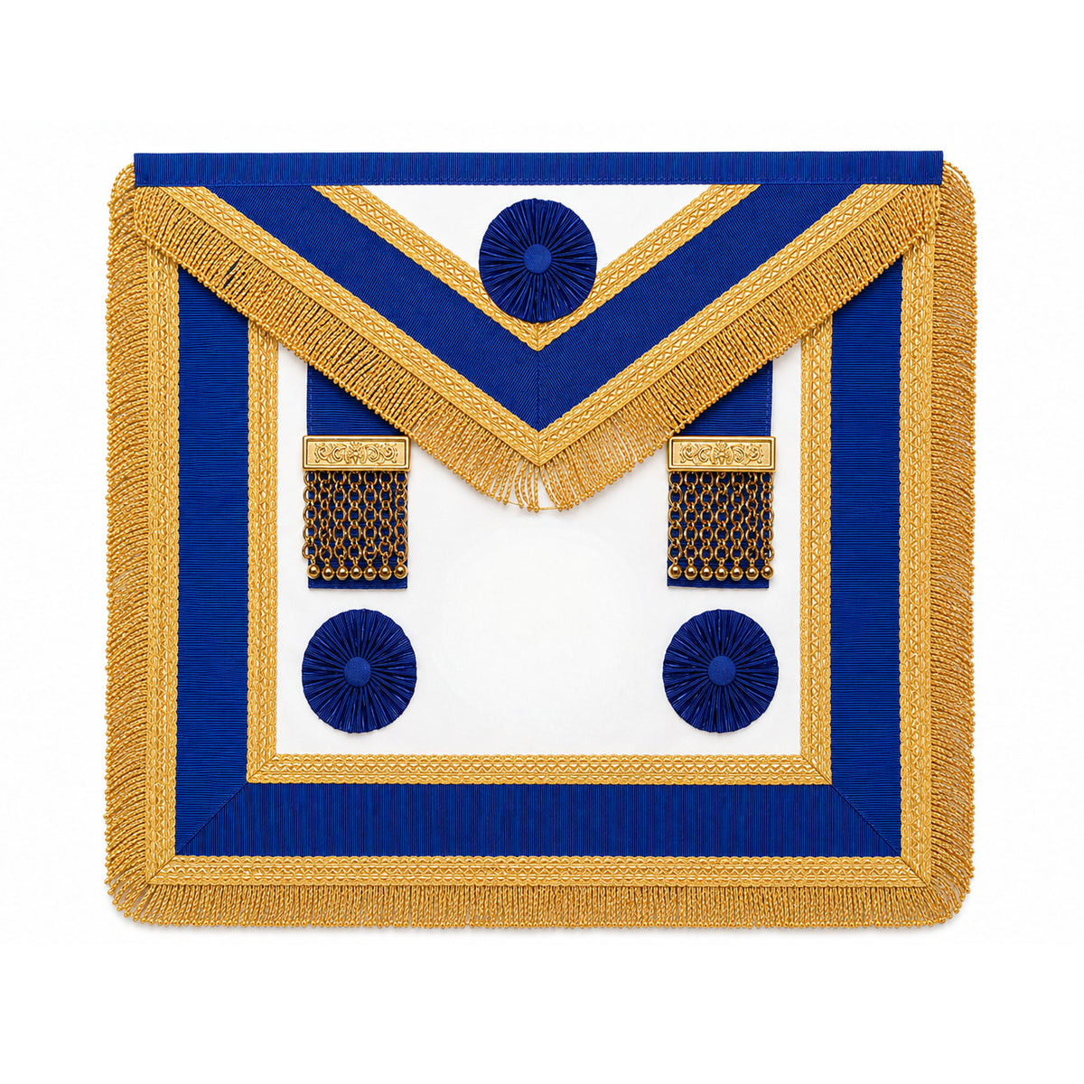 Craft provincial dress rosettes apron with blue trim and gold fringe.
