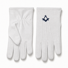 Masonic white cotton gloves with blue square and compass embroidery, Freemason lodge regalia gloves
