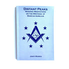 A book titled 'Distant Peaks' with a blue cover featuring stars and a Masonic symbol.